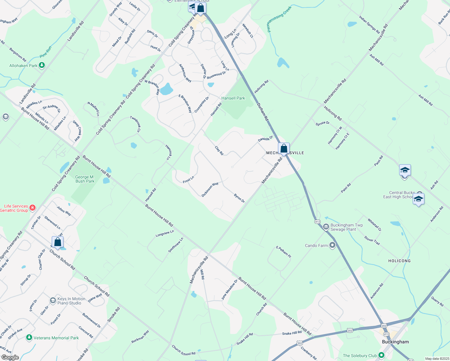 map of restaurants, bars, coffee shops, grocery stores, and more near 4741 Dickinson Court in Doylestown