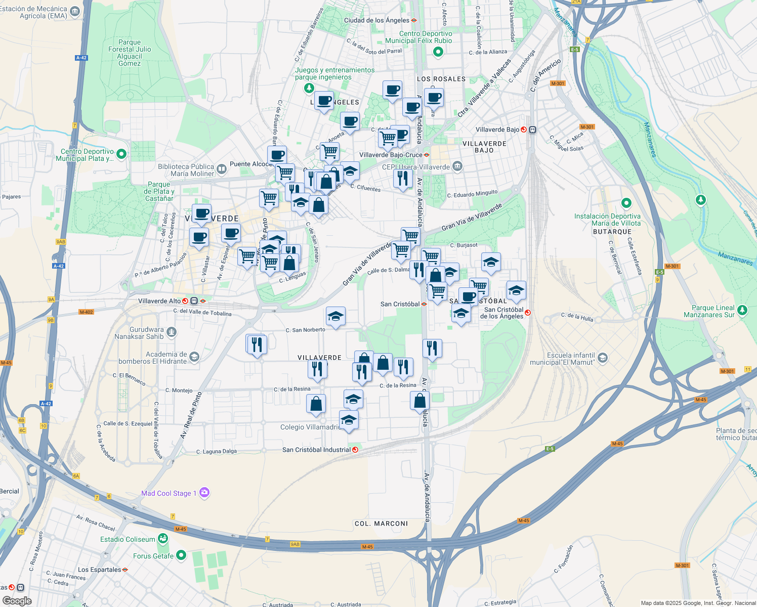 map of restaurants, bars, coffee shops, grocery stores, and more near 20 Calle San Norberto in Madrid