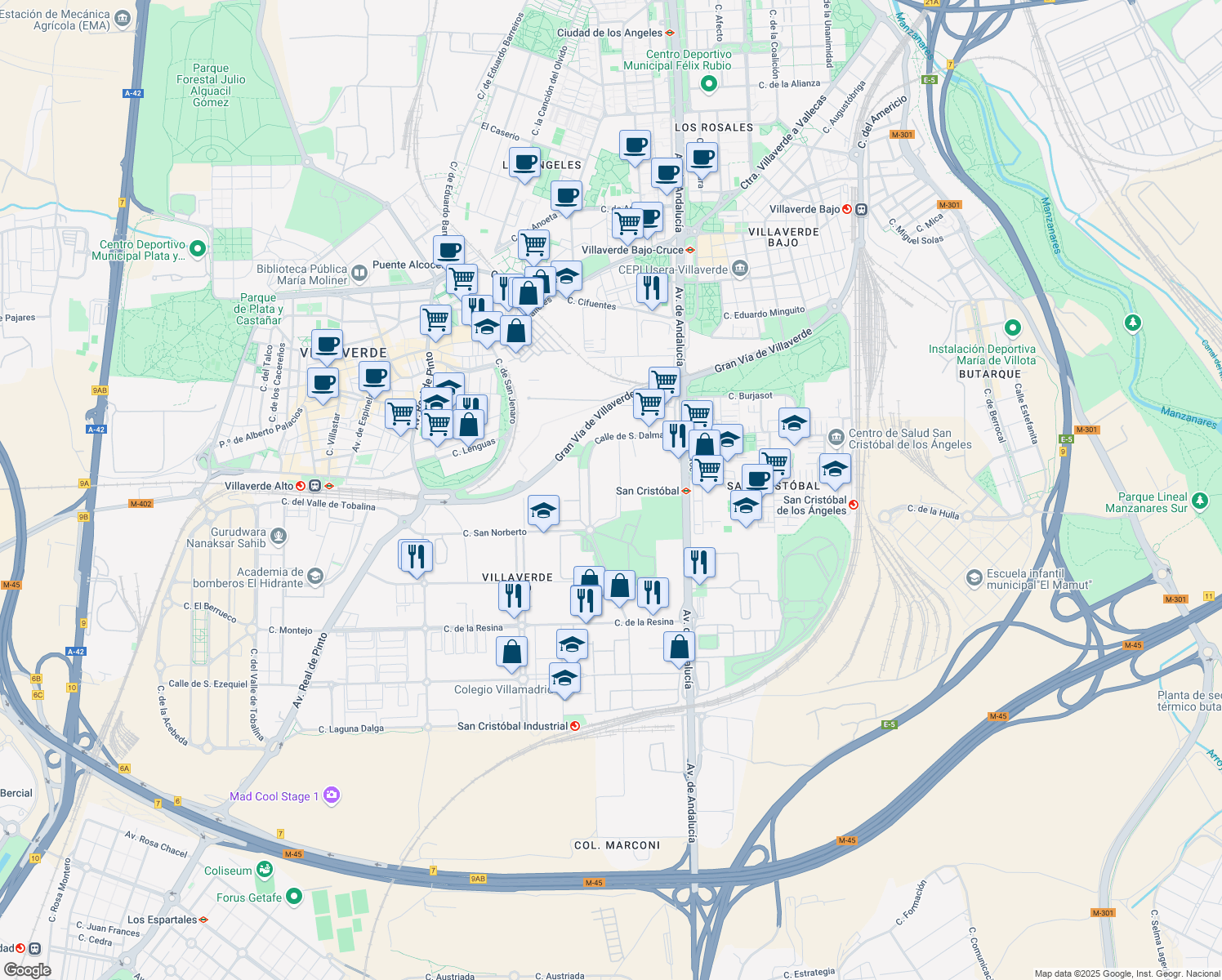 map of restaurants, bars, coffee shops, grocery stores, and more near 20 Calle San Norberto in Madrid