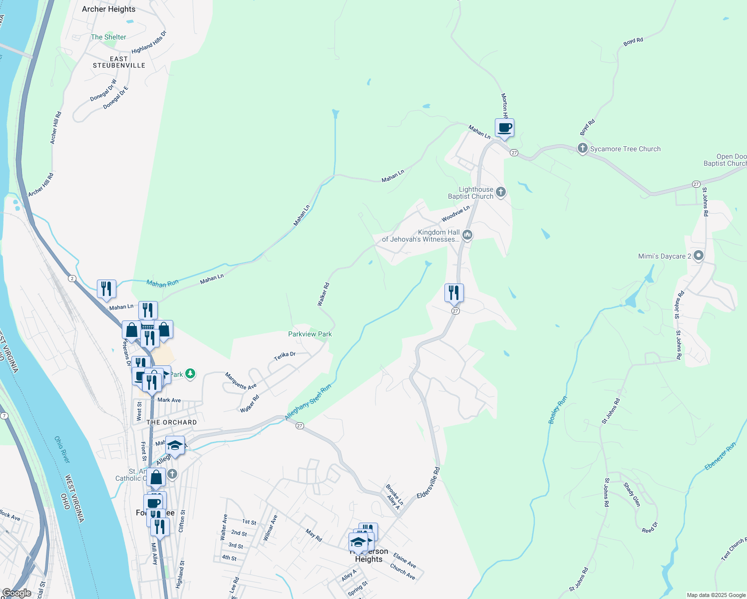 map of restaurants, bars, coffee shops, grocery stores, and more near in Follansbee
