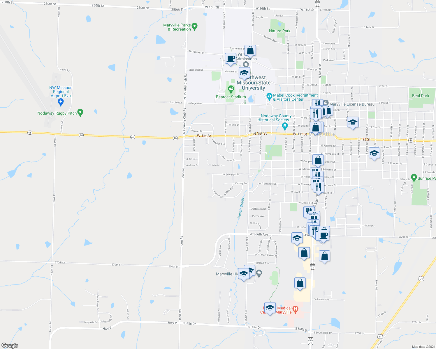 map of restaurants, bars, coffee shops, grocery stores, and more near 1108 West Edwards Street in Maryville