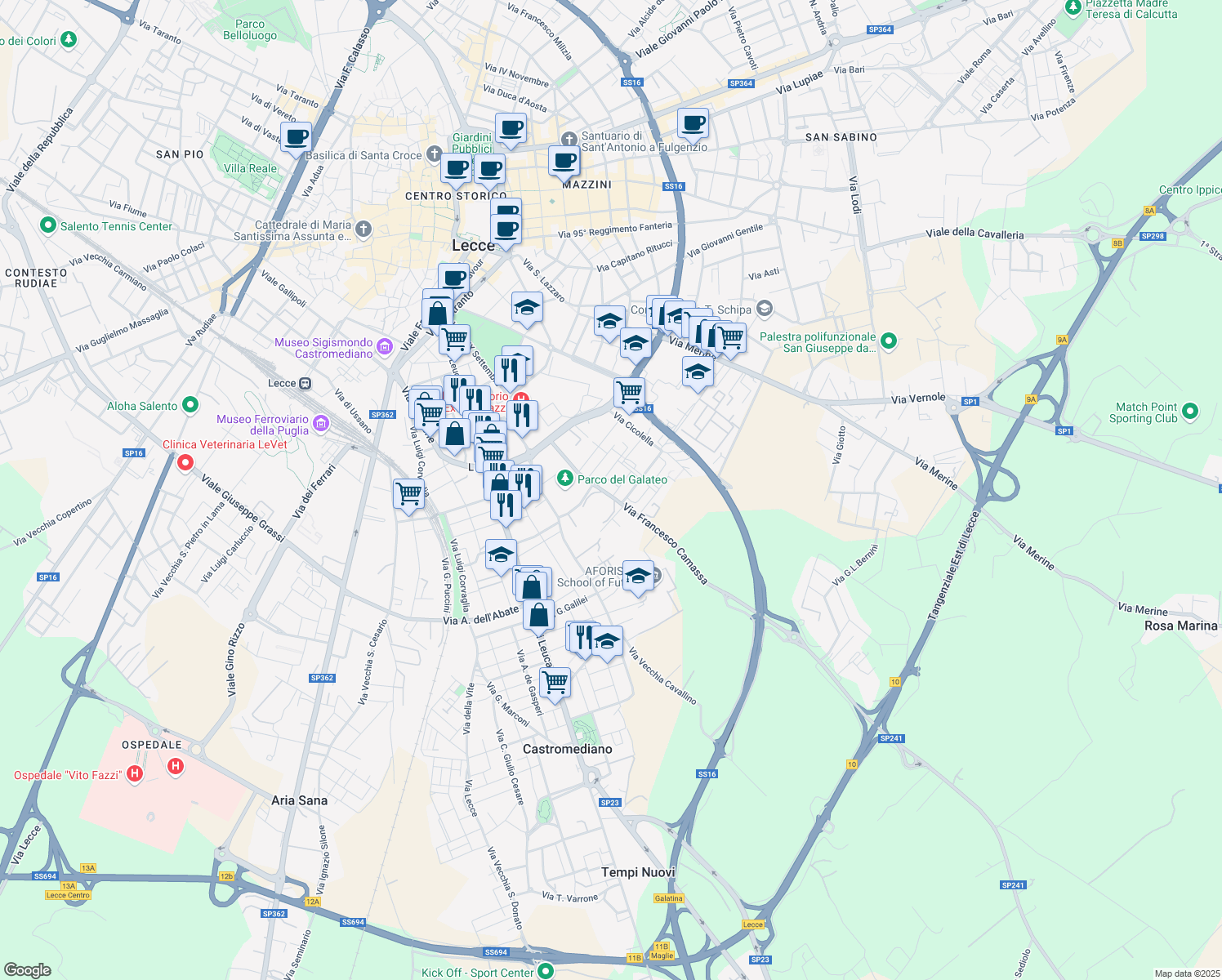 map of restaurants, bars, coffee shops, grocery stores, and more near 25 Via Francesco Camassa in Lecce