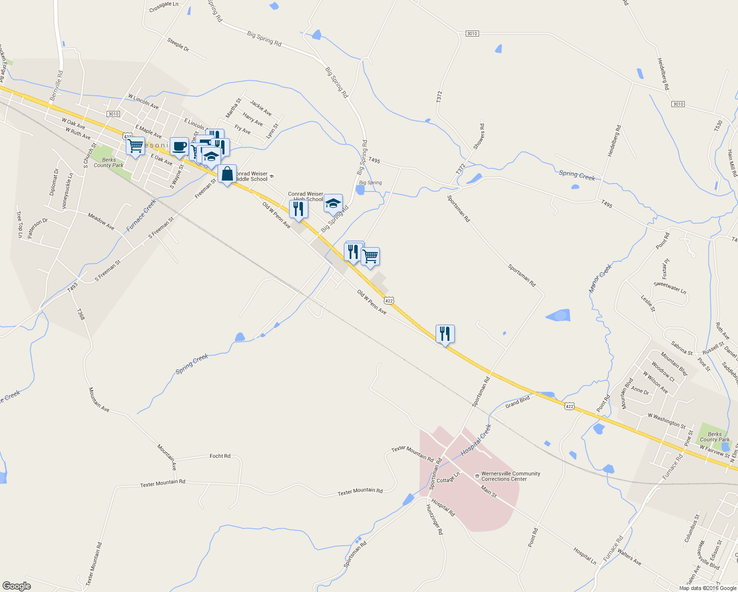 map of restaurants, bars, coffee shops, grocery stores, and more near 121 Old West Penn Avenue in Wernersville