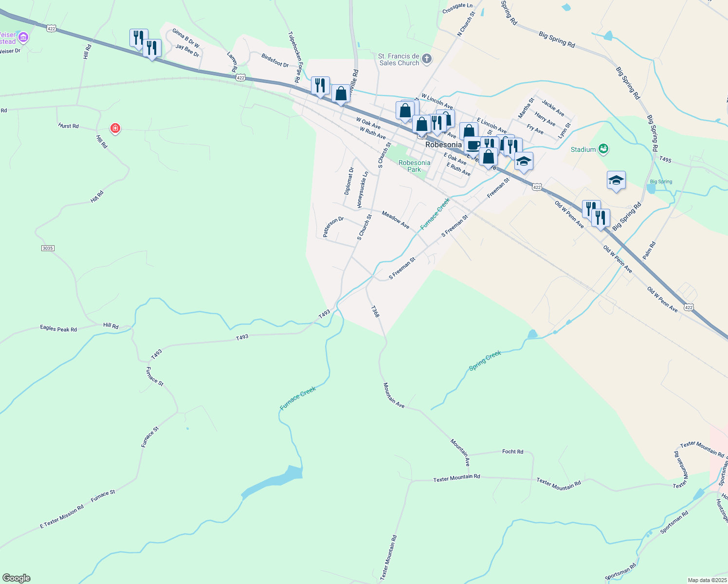 map of restaurants, bars, coffee shops, grocery stores, and more near 55 Furnace St in Robesonia
