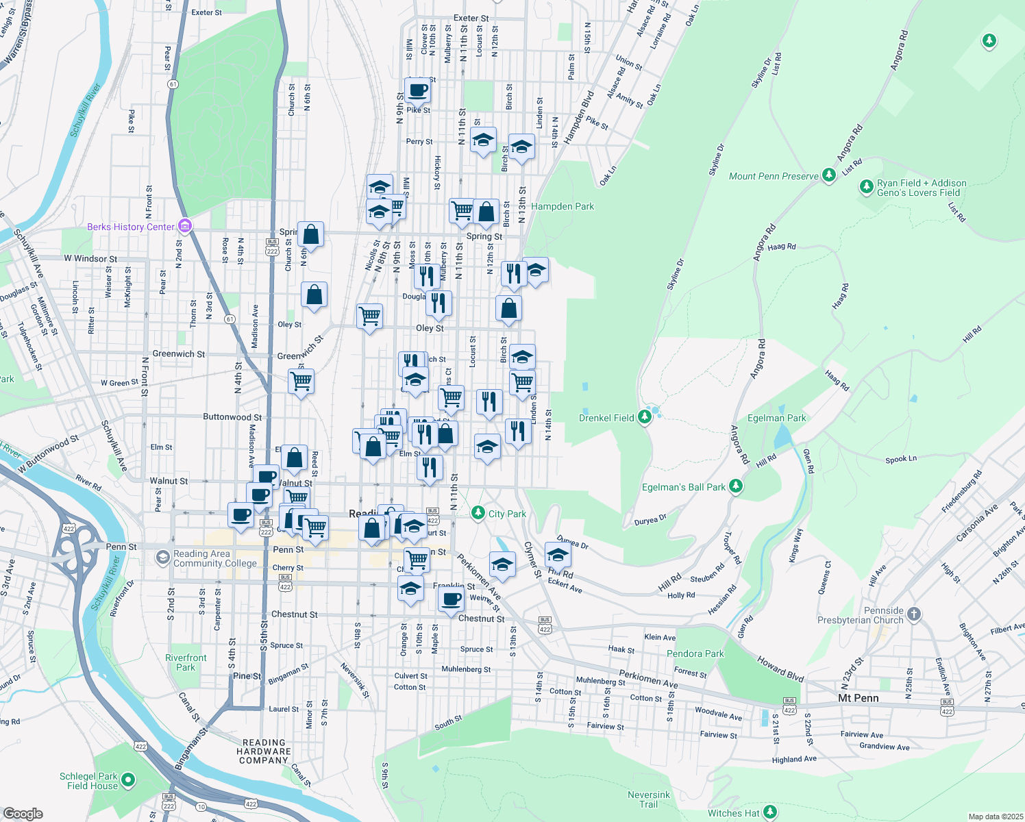 map of restaurants, bars, coffee shops, grocery stores, and more near 412 N 13th St in Reading