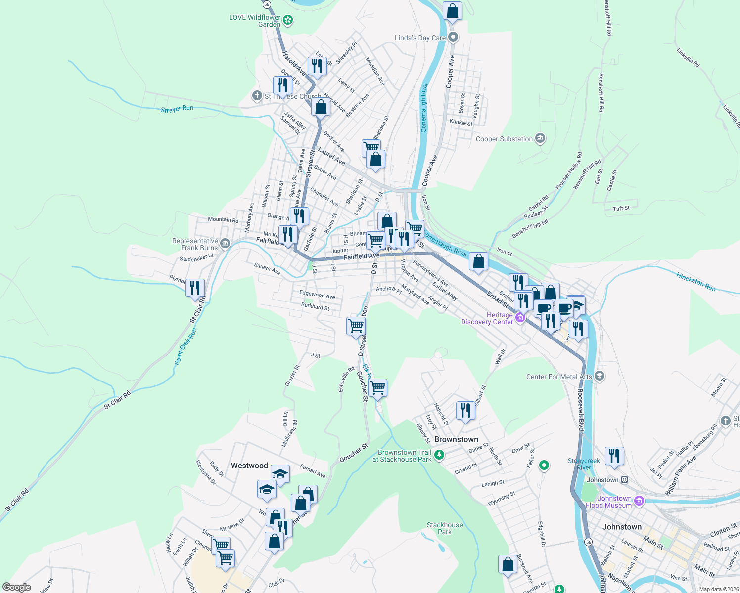 map of restaurants, bars, coffee shops, grocery stores, and more near 48 D Saint Exd in Johnstown