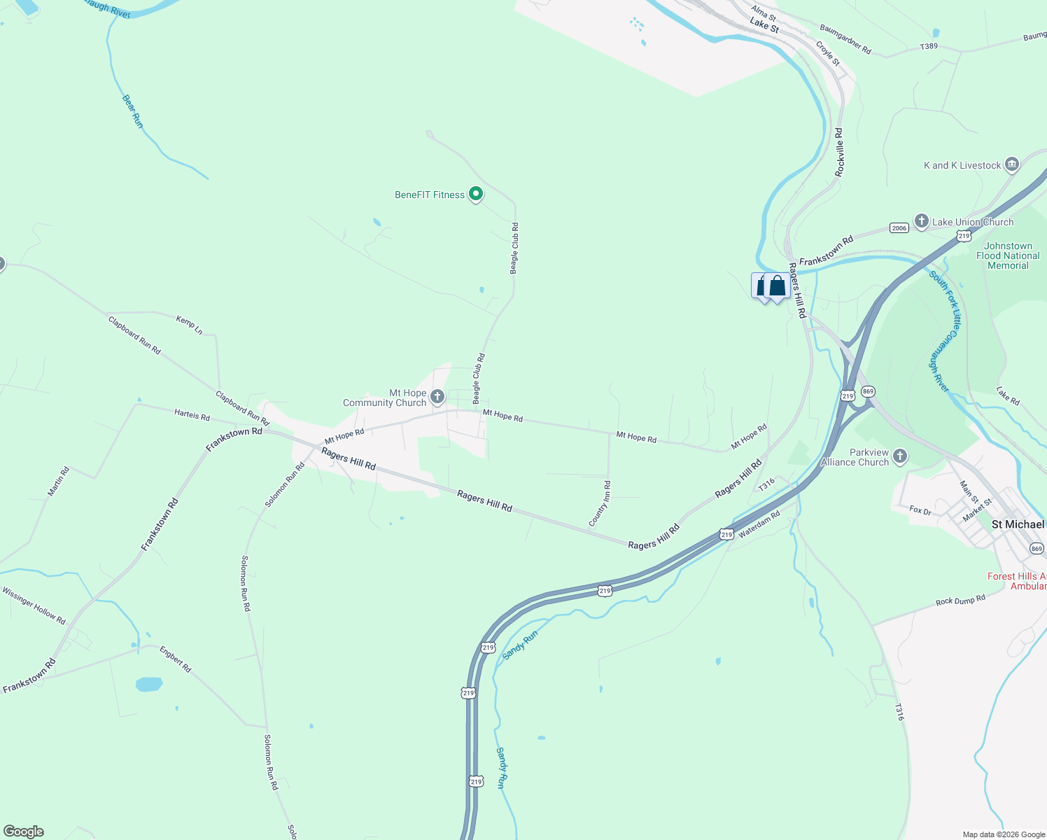 map of restaurants, bars, coffee shops, grocery stores, and more near Mount Hope Road in South Fork
