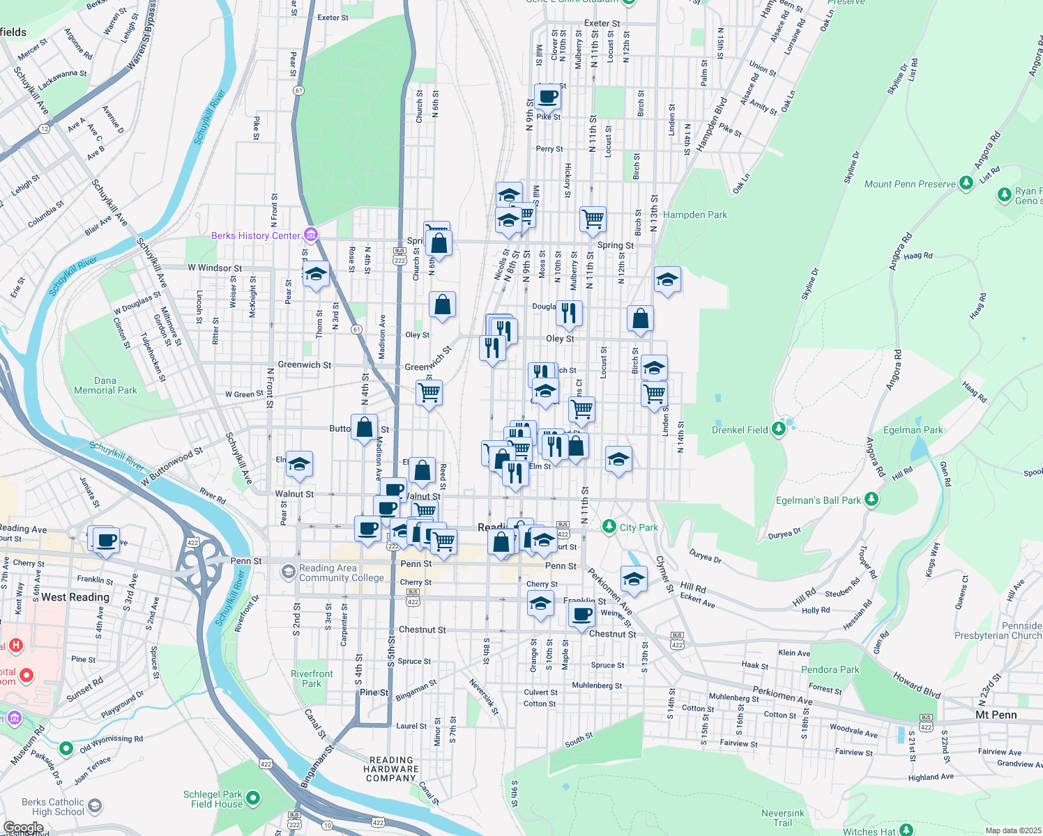 map of restaurants, bars, coffee shops, grocery stores, and more near 424 North 9th Street in Reading