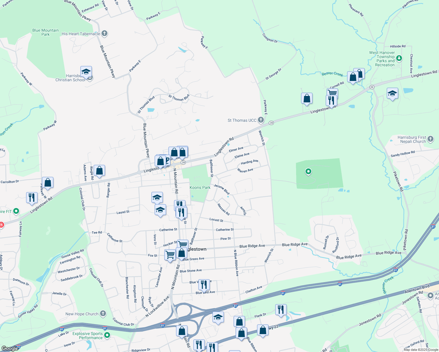 map of restaurants, bars, coffee shops, grocery stores, and more near 6207 Warren Avenue in Harrisburg