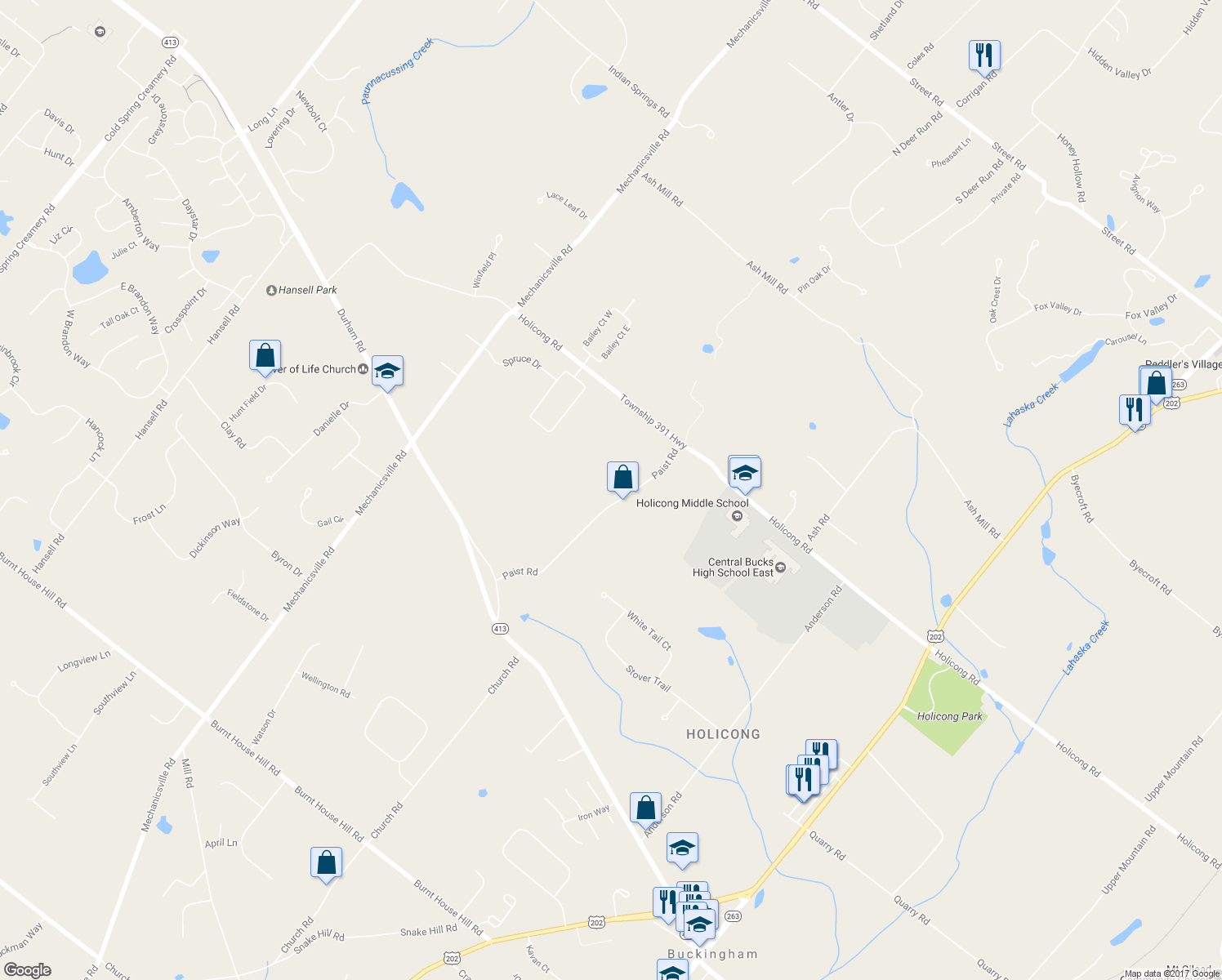 map of restaurants, bars, coffee shops, grocery stores, and more near 5100 Paist Road in Doylestown