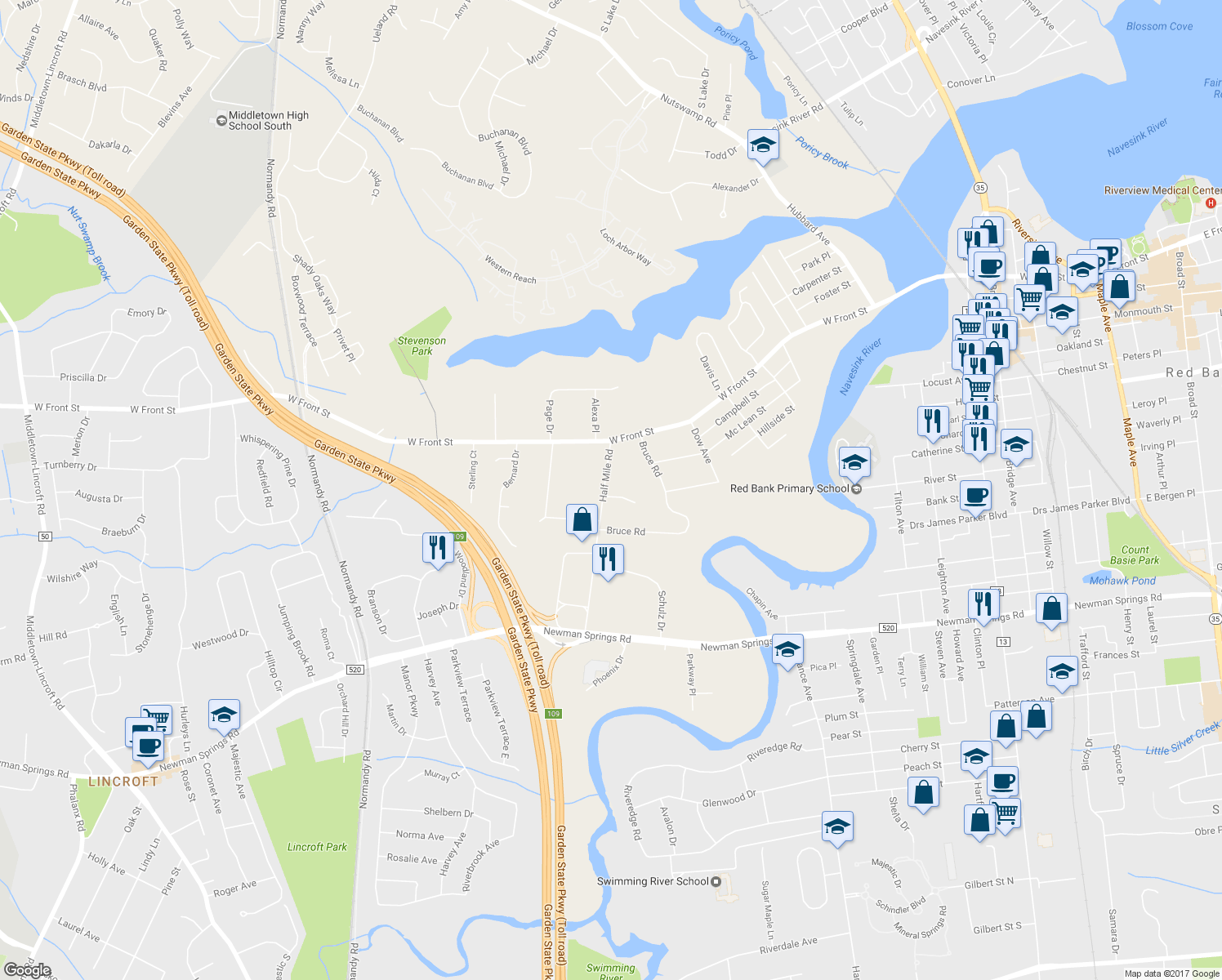 map of restaurants, bars, coffee shops, grocery stores, and more near 2 Camelot Court in Red Bank