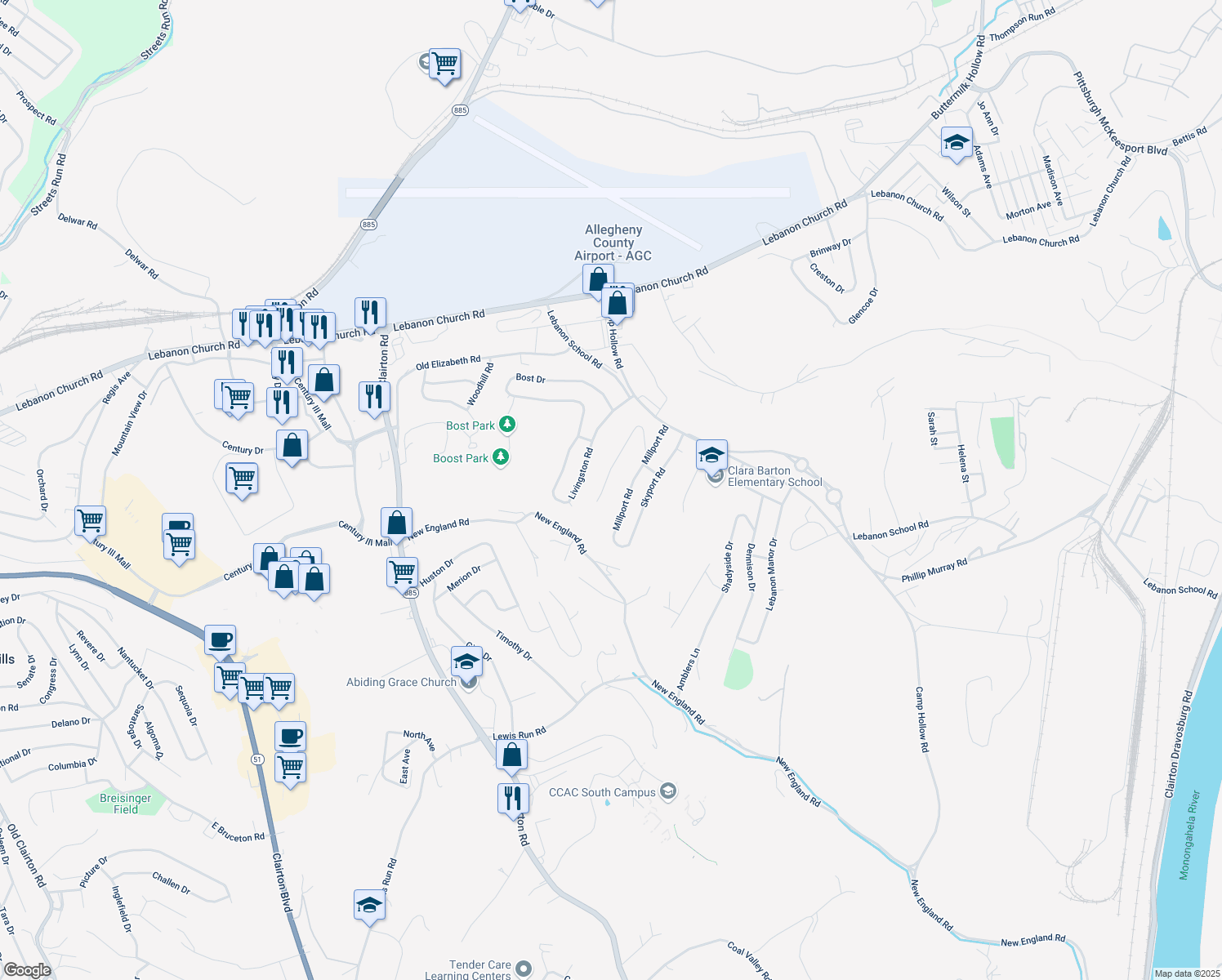map of restaurants, bars, coffee shops, grocery stores, and more near 424 Spring Valley Rd in West Mifflin
