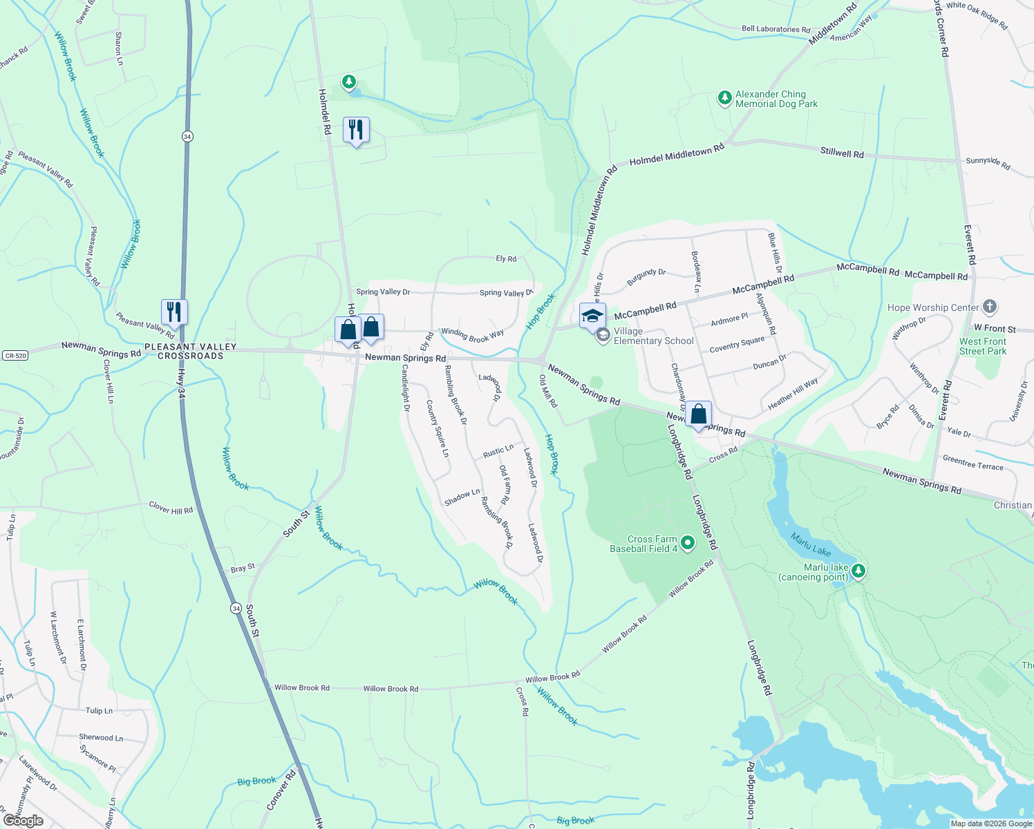 map of restaurants, bars, coffee shops, grocery stores, and more near 19 Ladwood Dr in Holmdel