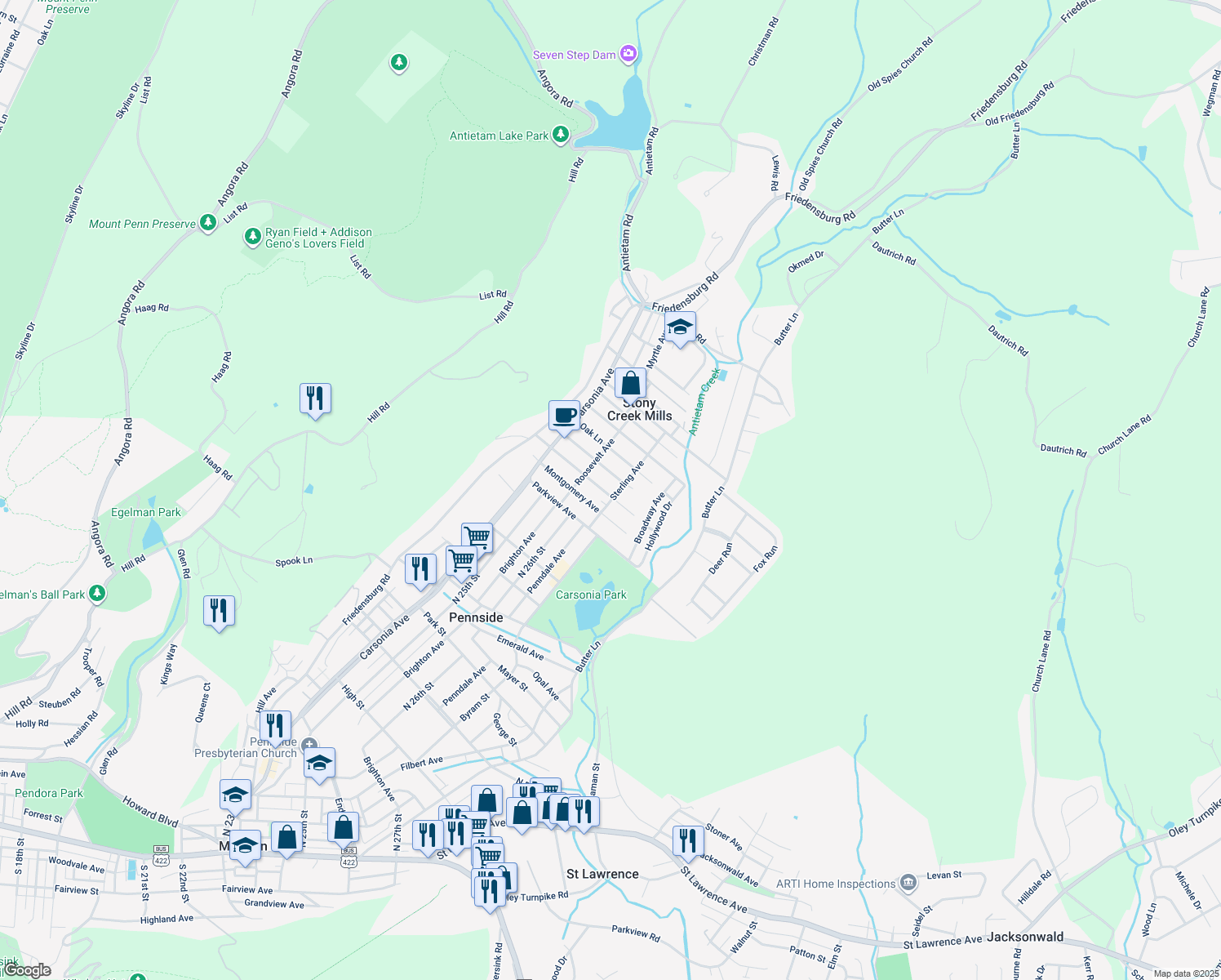 map of restaurants, bars, coffee shops, grocery stores, and more near 237 Melrose Ave in Reading