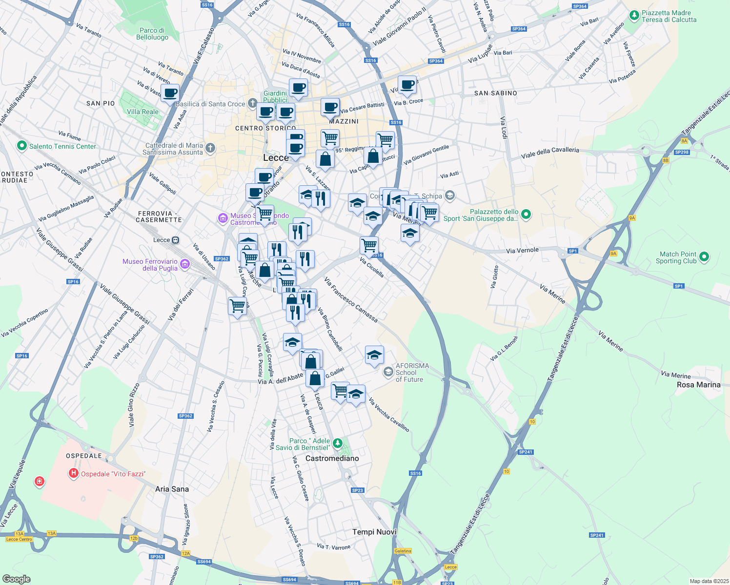 map of restaurants, bars, coffee shops, grocery stores, and more near 4 Via Paolo VI in Lecce