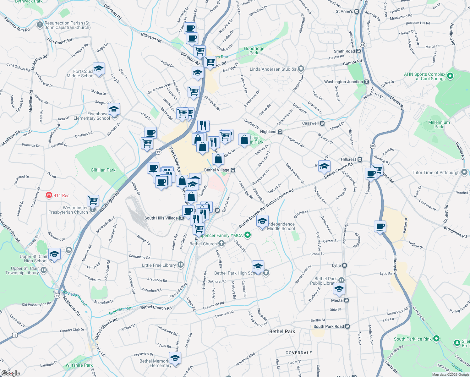 map of restaurants, bars, coffee shops, grocery stores, and more near 194 Spartan Dr in Bethel Park