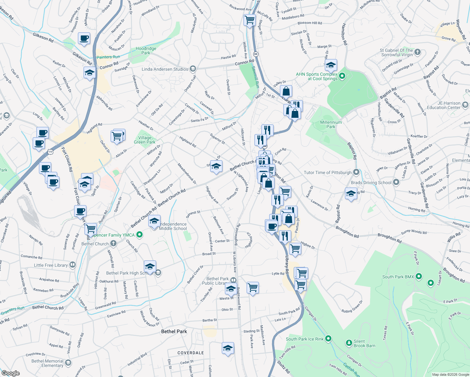 map of restaurants, bars, coffee shops, grocery stores, and more near 2500 Summit St in Bethel Park