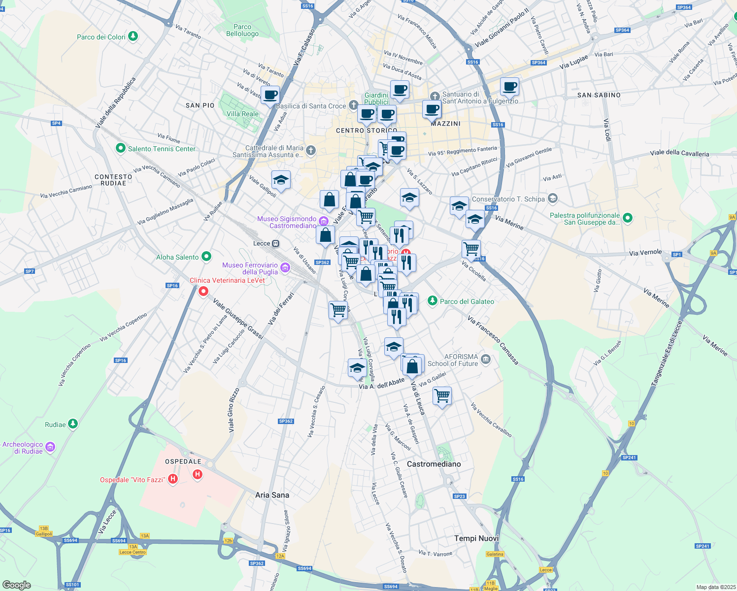 map of restaurants, bars, coffee shops, grocery stores, and more near 7-9 Via Abruzzi in Lecce