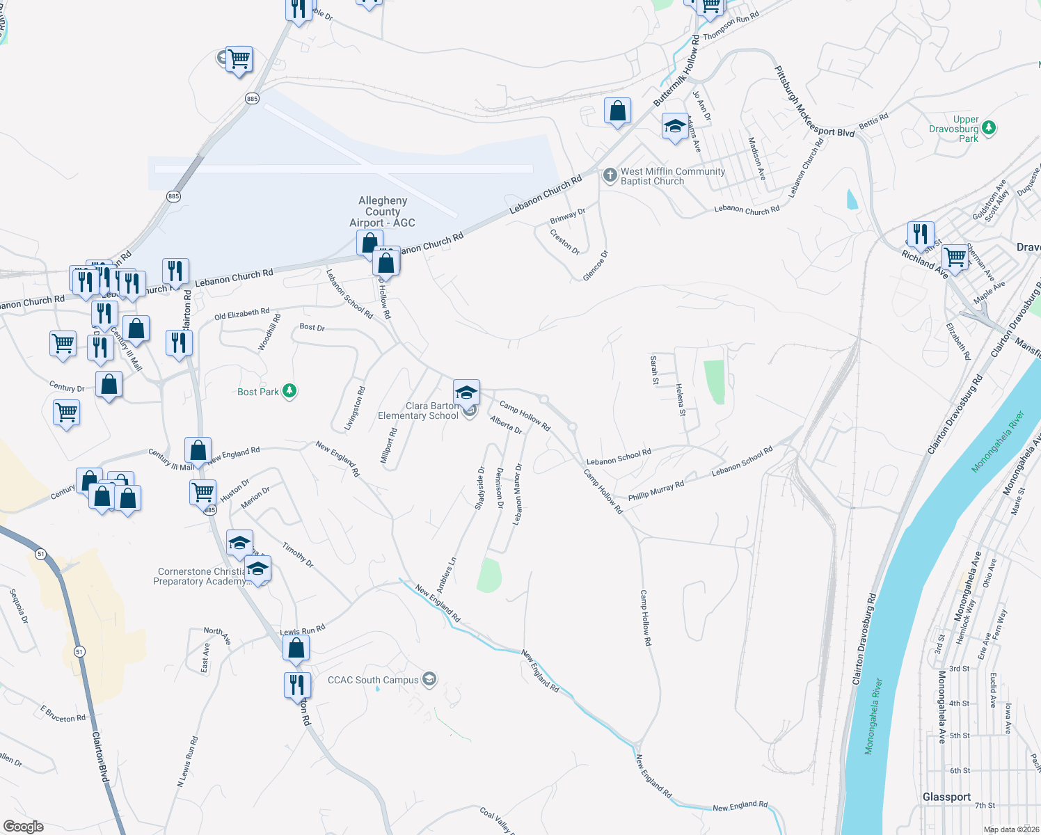 map of restaurants, bars, coffee shops, grocery stores, and more near 788 Camp Hollow Road in West Mifflin