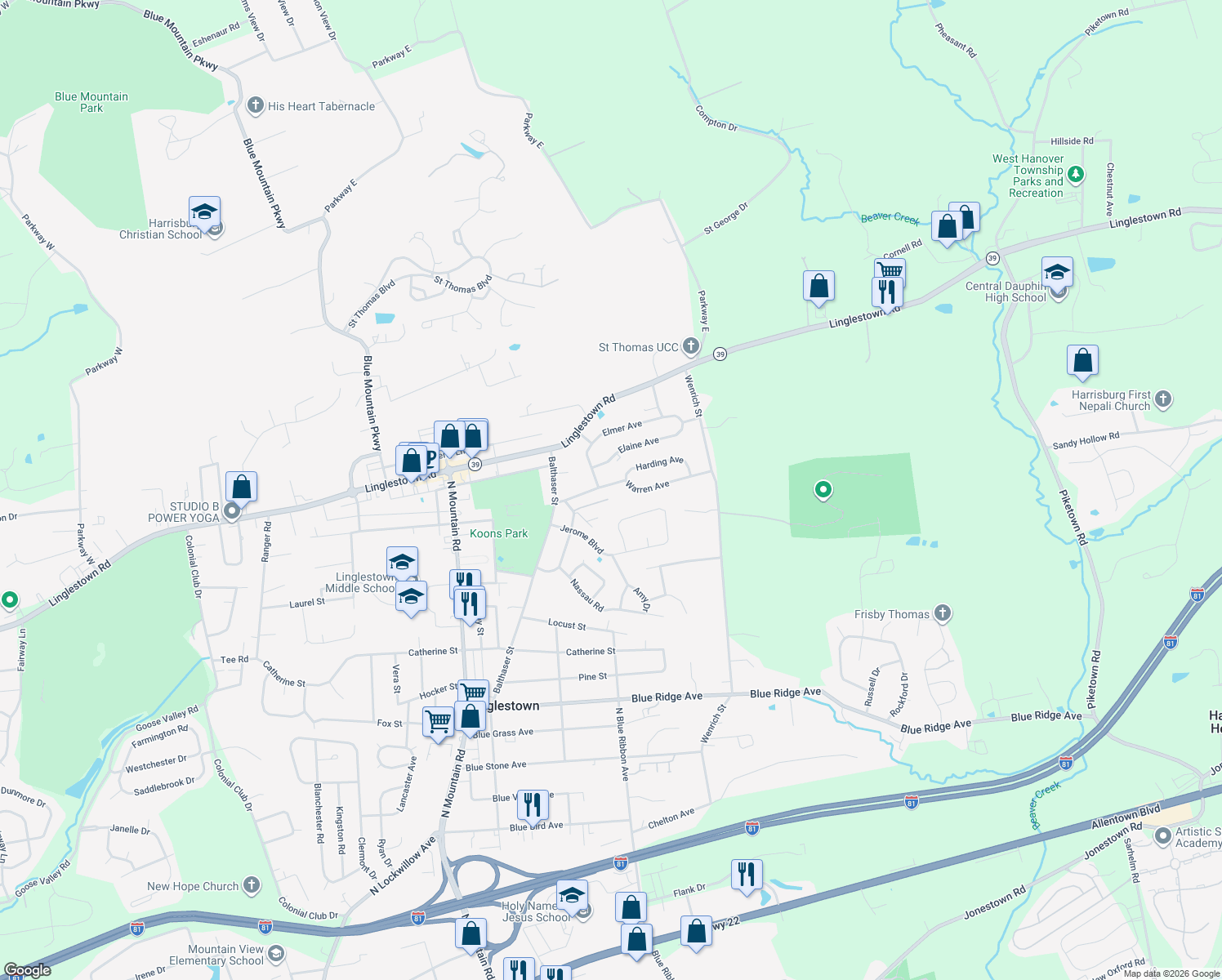 map of restaurants, bars, coffee shops, grocery stores, and more near 6225 Warren Avenue in Harrisburg