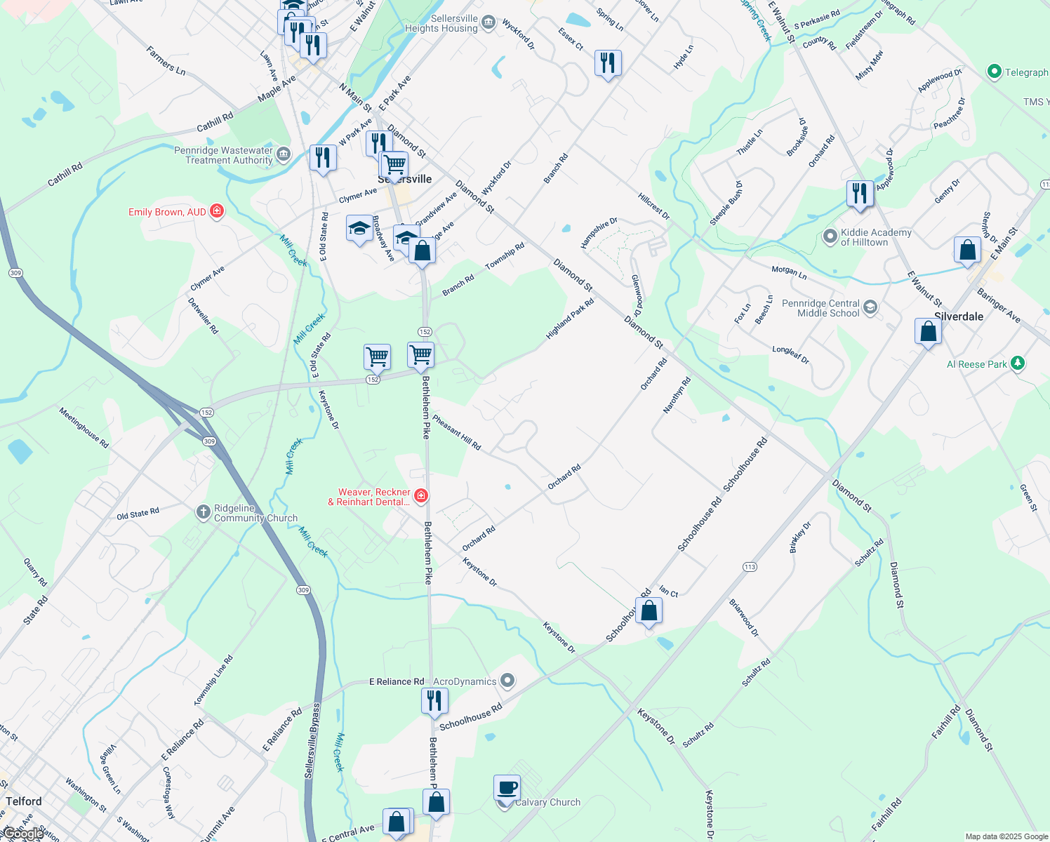 map of restaurants, bars, coffee shops, grocery stores, and more near 27 Williams Way in Sellersville