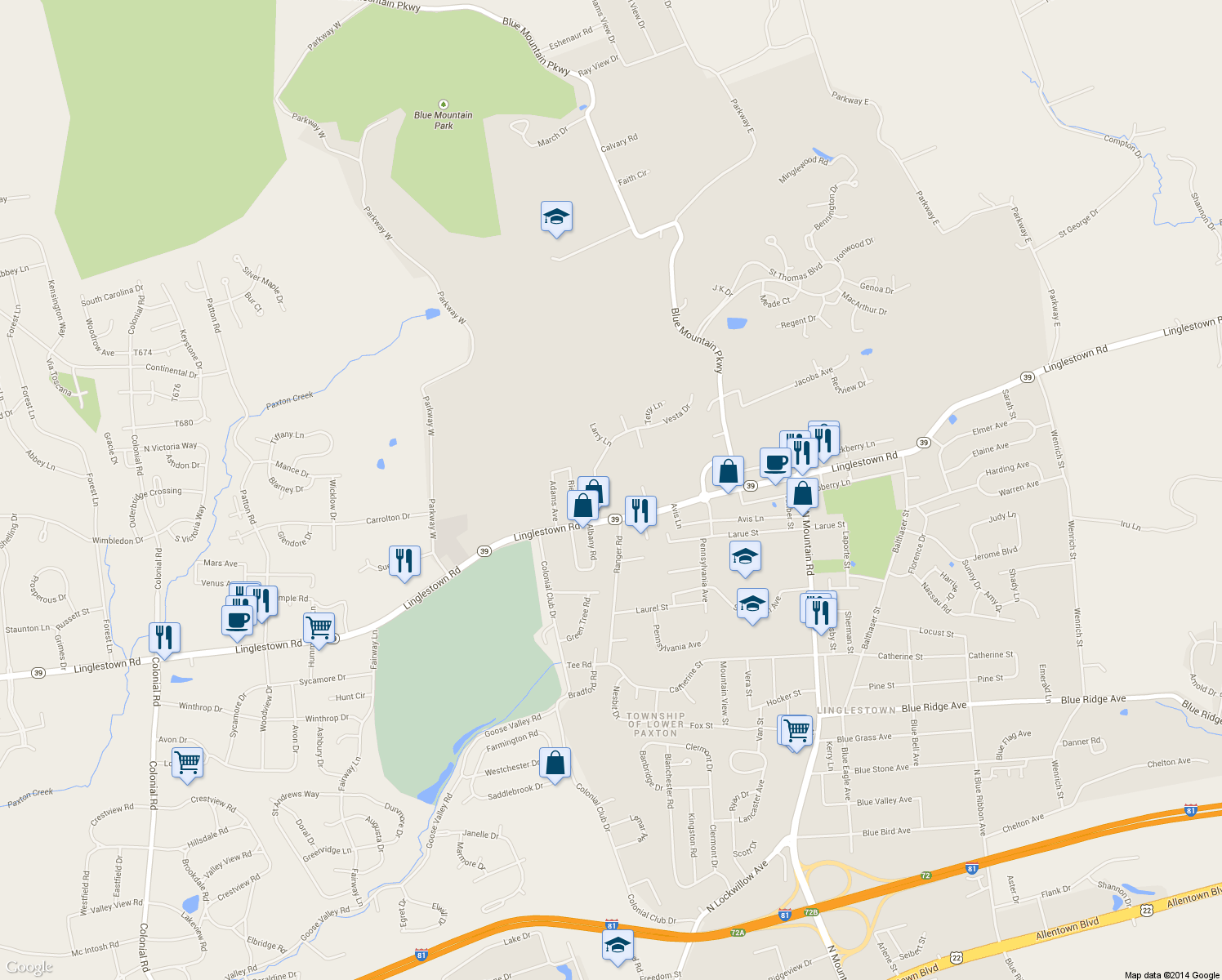 map of restaurants, bars, coffee shops, grocery stores, and more near 1421 Vesta Drive in Harrisburg
