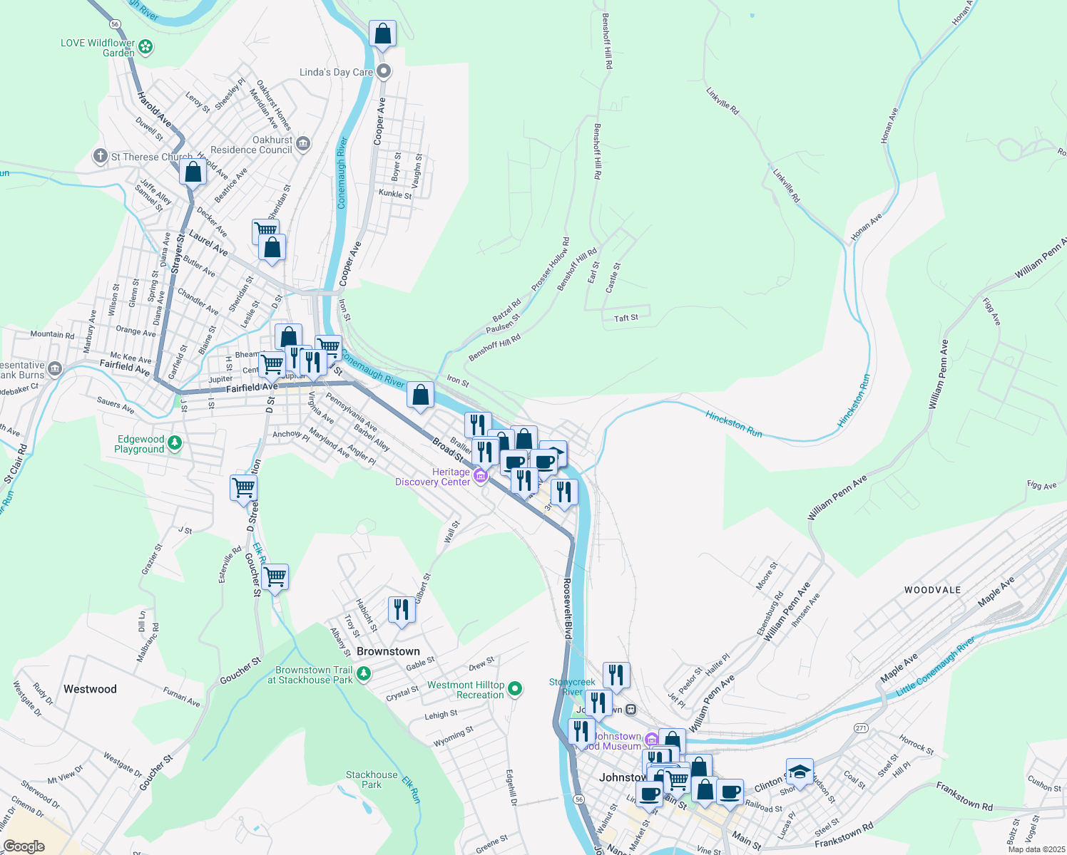 map of restaurants, bars, coffee shops, grocery stores, and more near 99 Connelly Avenue in Johnstown