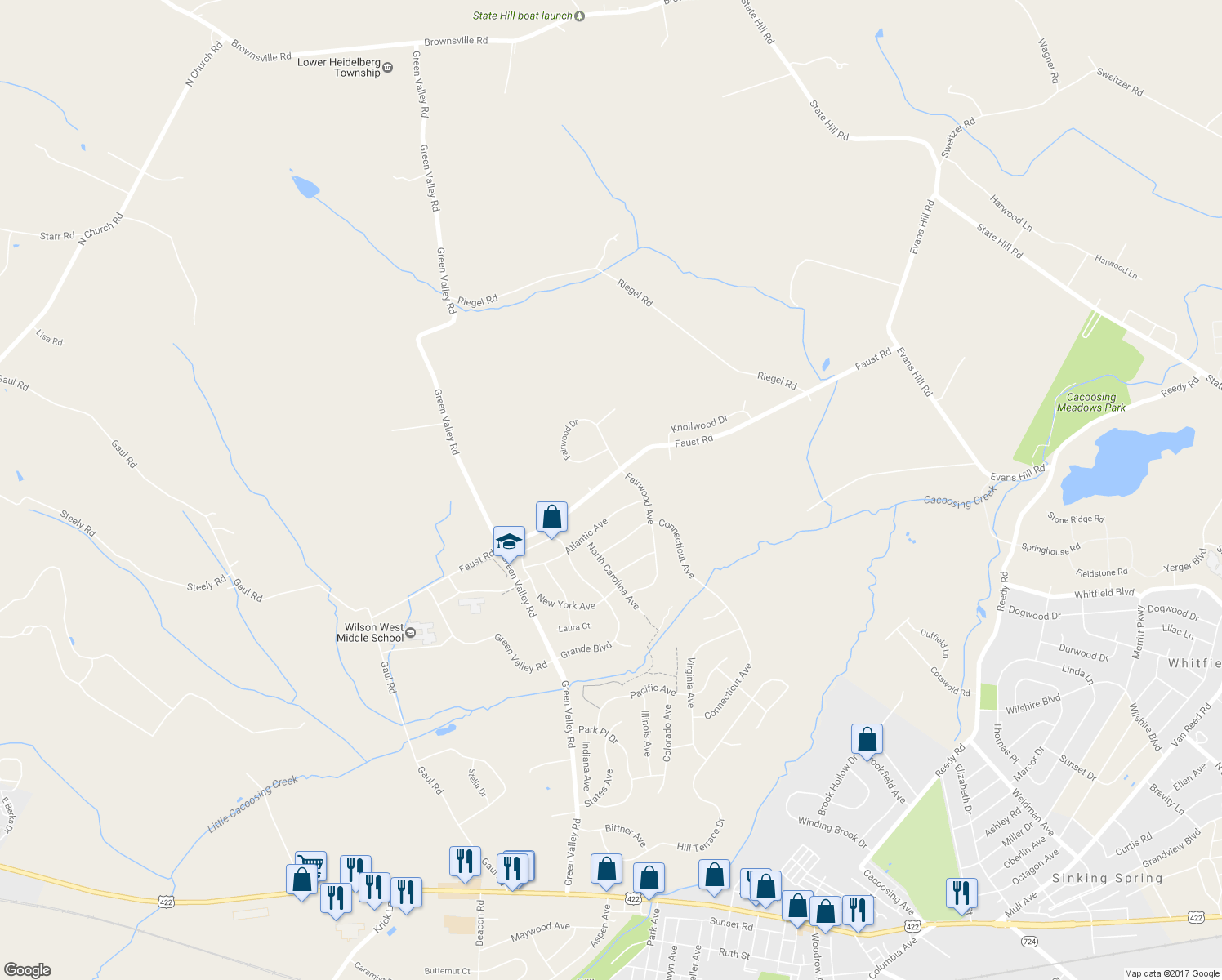 map of restaurants, bars, coffee shops, grocery stores, and more near 300 Faust Road in Sinking Spring