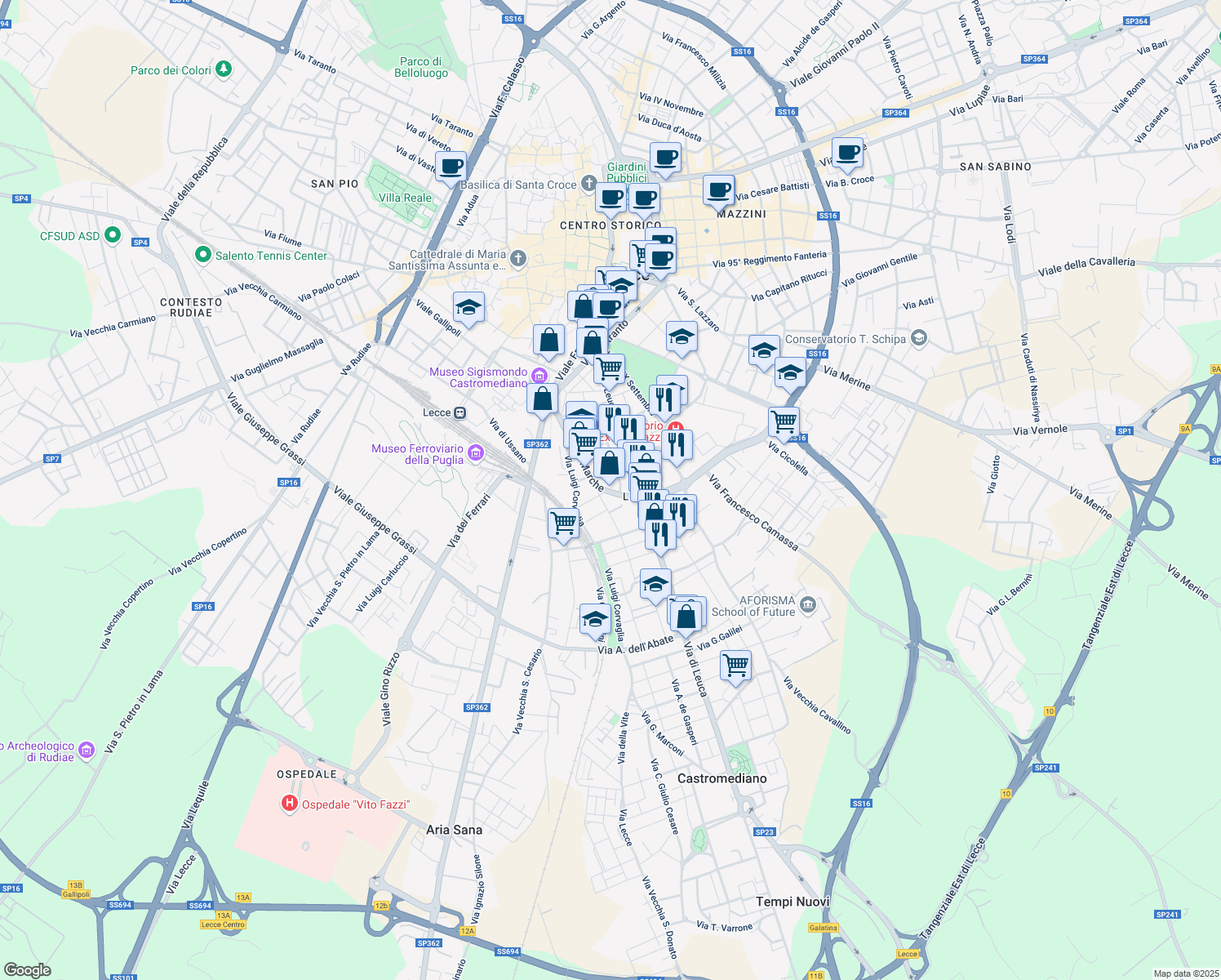 map of restaurants, bars, coffee shops, grocery stores, and more near 9 Via Abruzzi in Lecce