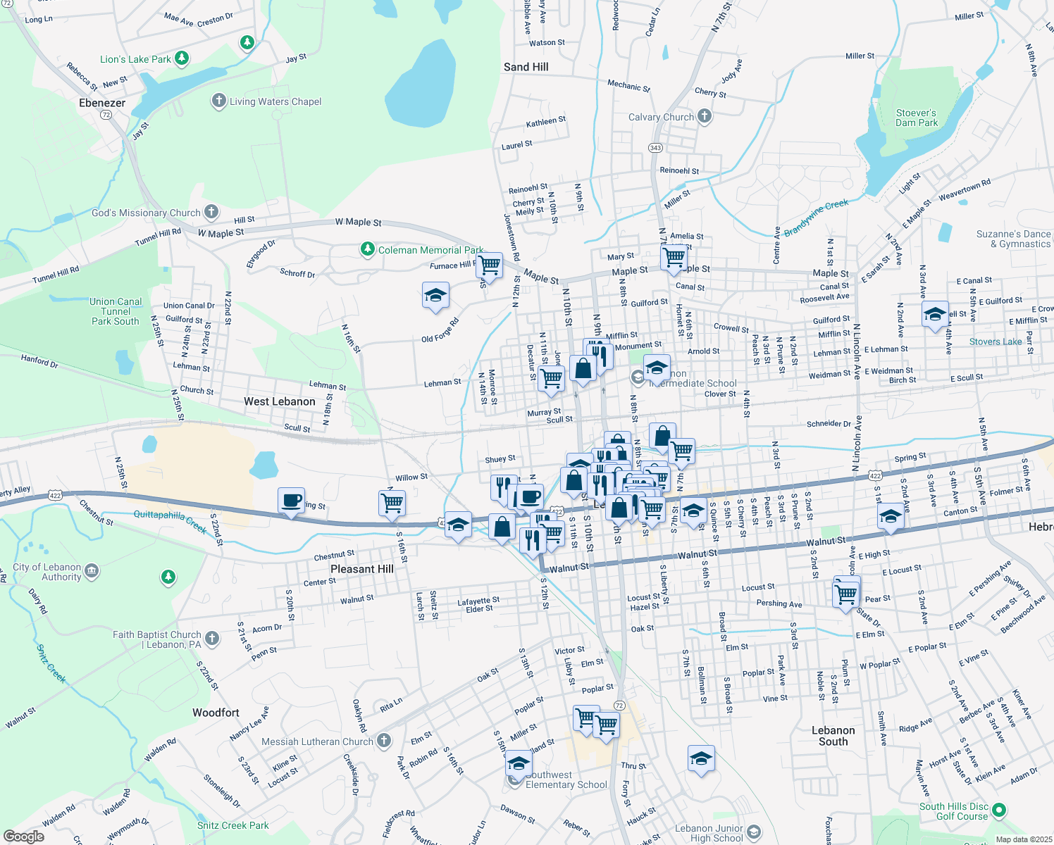 map of restaurants, bars, coffee shops, grocery stores, and more near Scull Street in Lebanon