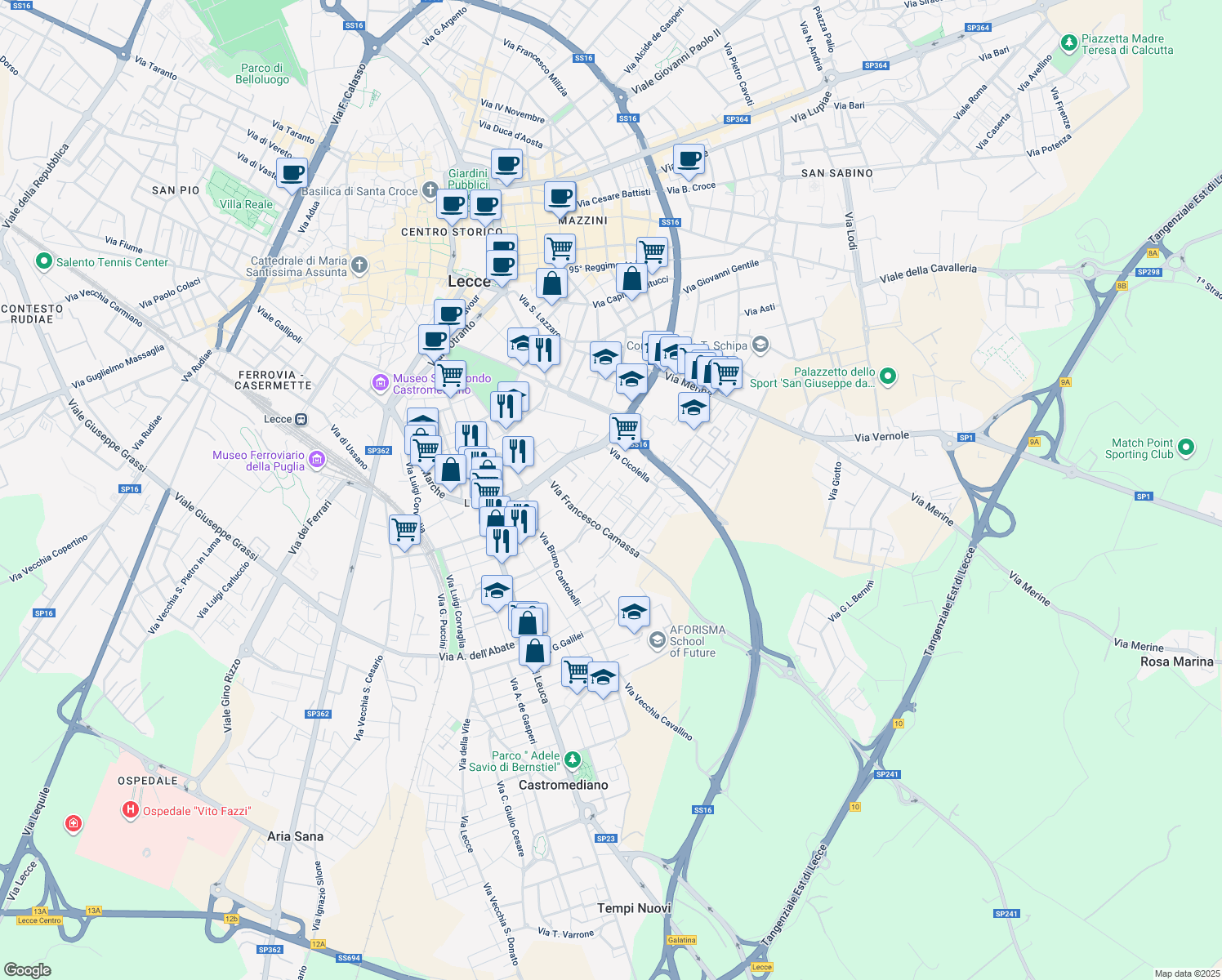 map of restaurants, bars, coffee shops, grocery stores, and more near 4 Via Paolo VI in Lecce