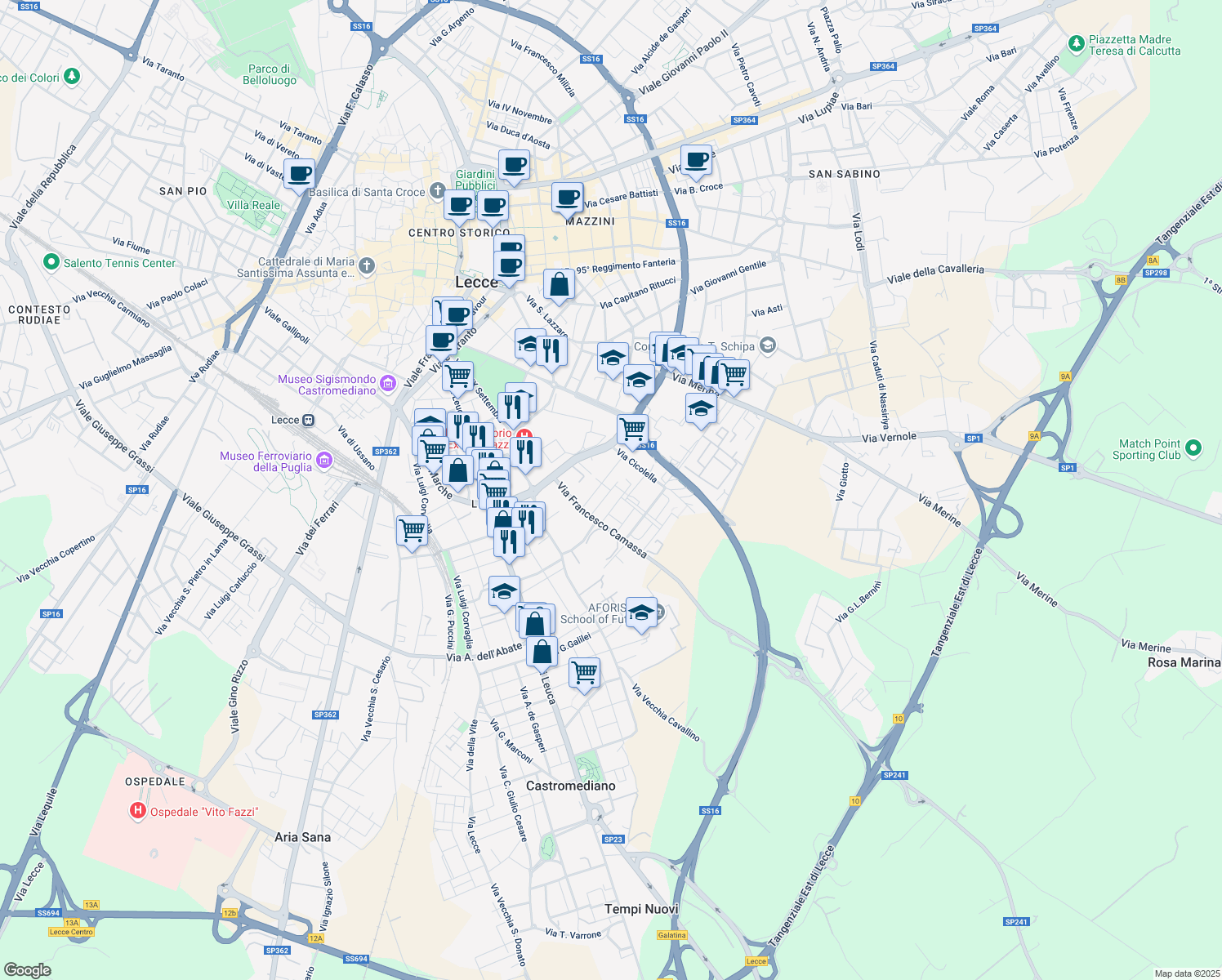 map of restaurants, bars, coffee shops, grocery stores, and more near 91 Via Personè Diego in Lecce
