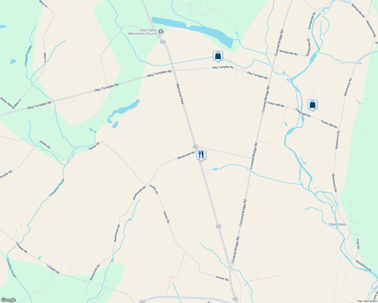 map of restaurants, bars, coffee shops, grocery stores, and more near 327 Blacksmith Road in Oley