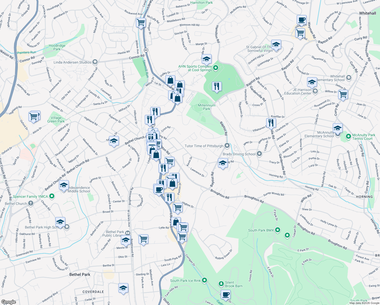 map of restaurants, bars, coffee shops, grocery stores, and more near 283 Horning Rd in Bethel Park