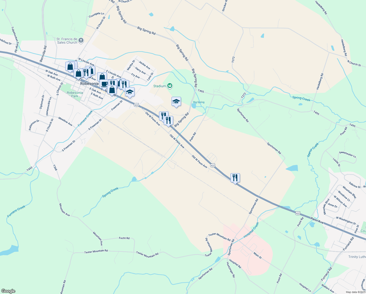 map of restaurants, bars, coffee shops, grocery stores, and more near 210 Old West Penn Avenue in Wernersville