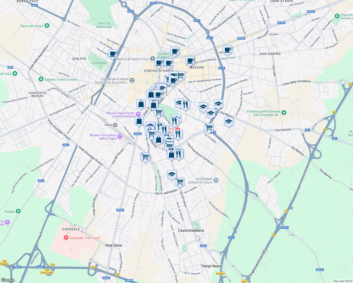 map of restaurants, bars, coffee shops, grocery stores, and more near 26 Via Forlanini in Lecce