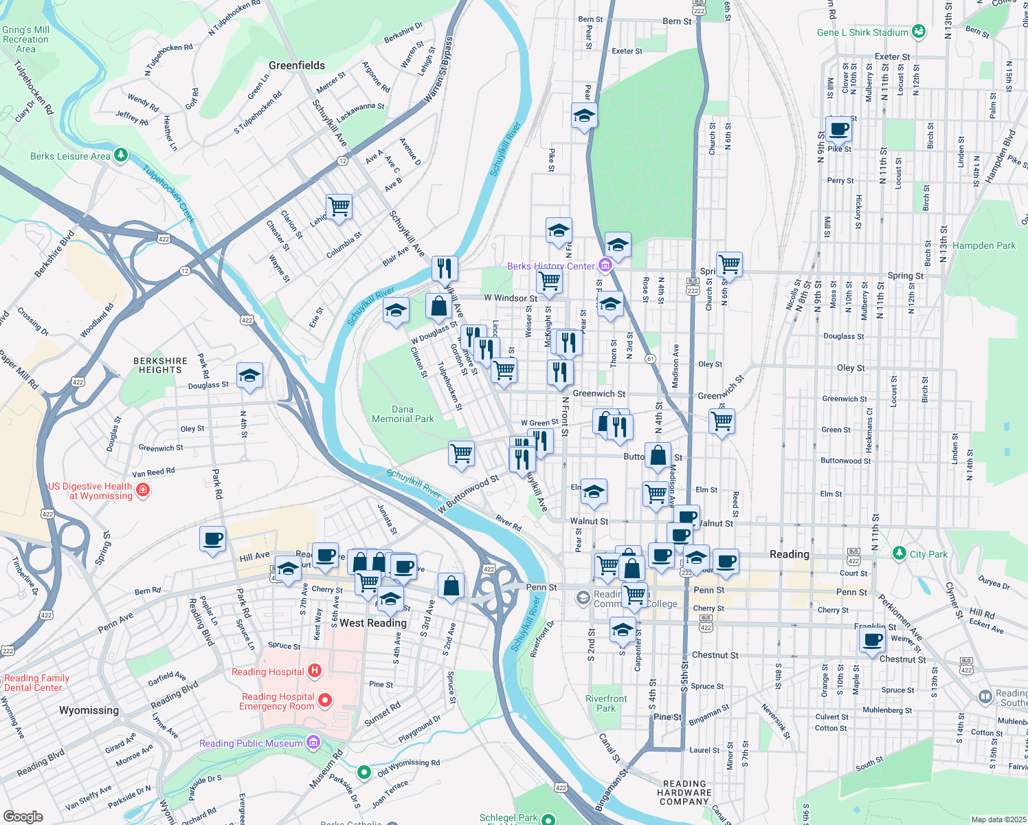 map of restaurants, bars, coffee shops, grocery stores, and more near 515 Ritter St in Reading