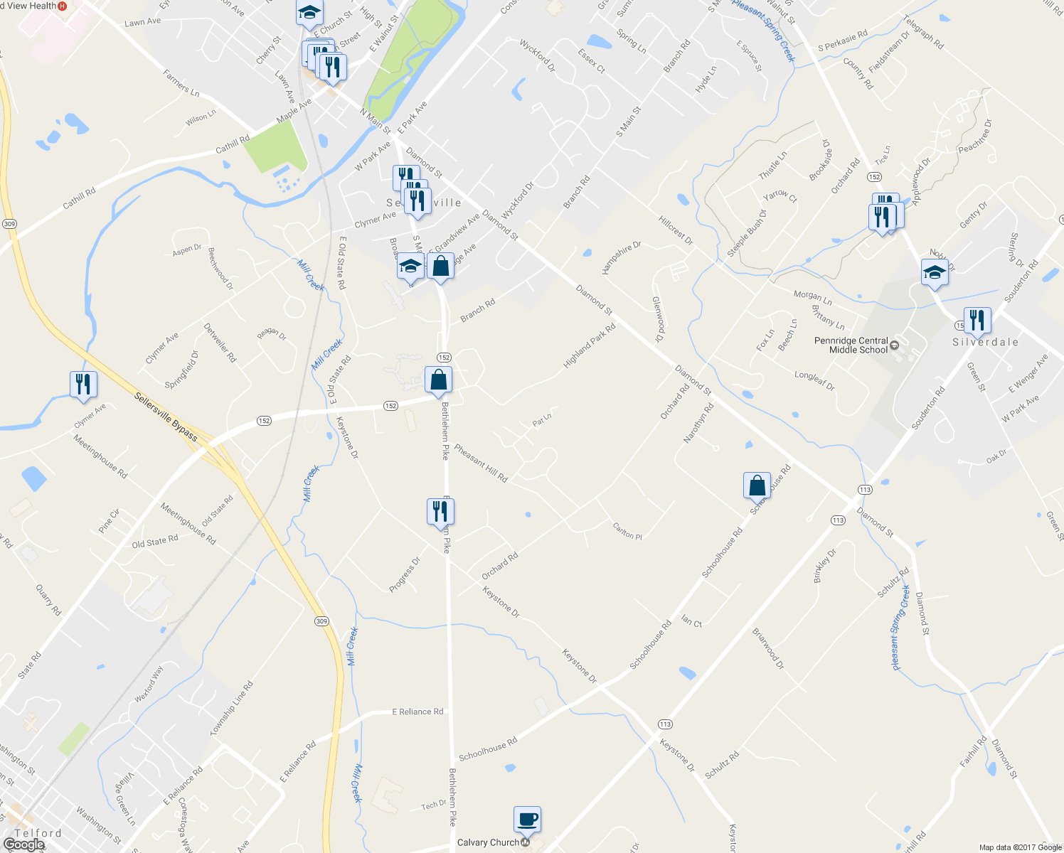 map of restaurants, bars, coffee shops, grocery stores, and more near 69 Mapleleaf Drive in Sellersville