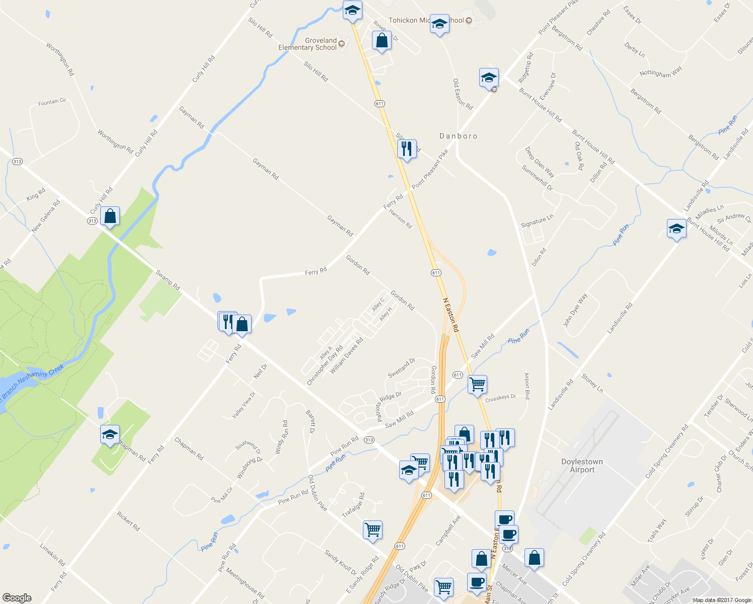 map of restaurants, bars, coffee shops, grocery stores, and more near 3970 Cephas Child Road in Doylestown