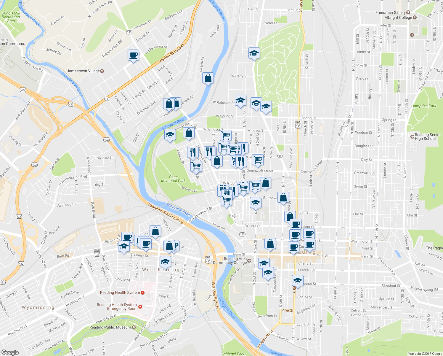 map of restaurants, bars, coffee shops, grocery stores, and more near 521 Ritter Street in Reading