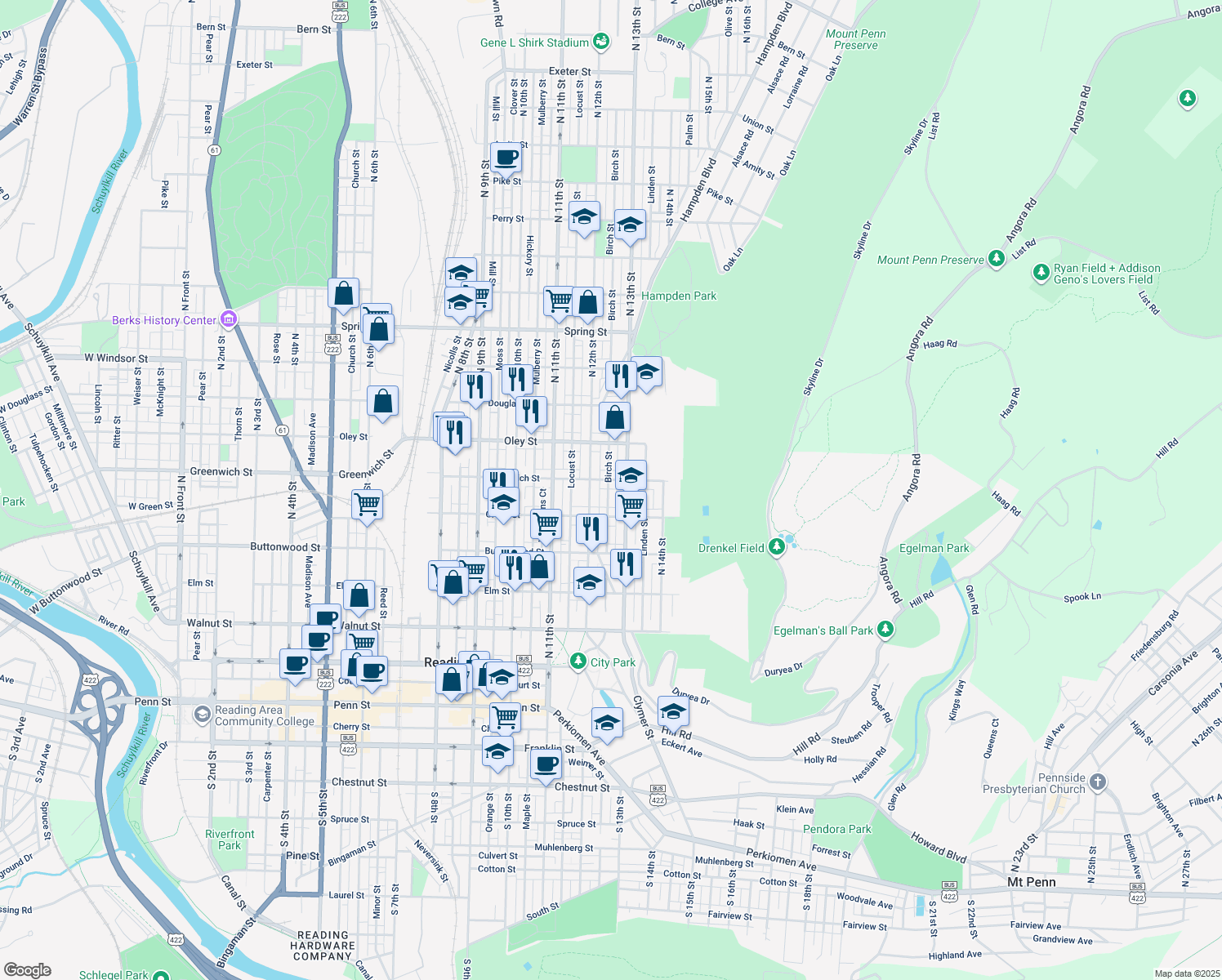 map of restaurants, bars, coffee shops, grocery stores, and more near 549 Birch Street in Reading
