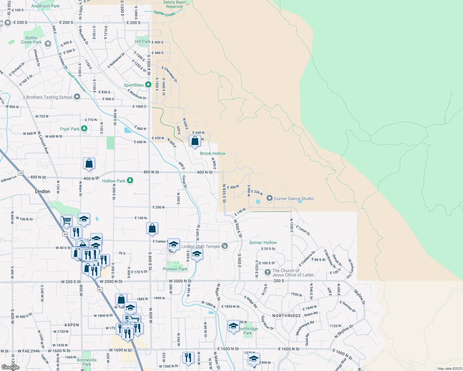 map of restaurants, bars, coffee shops, grocery stores, and more near 893 E 300 N in Lindon