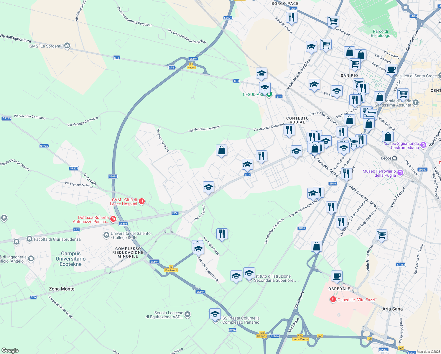 map of restaurants, bars, coffee shops, grocery stores, and more near 34 Via Villa Bellavista in Lecce
