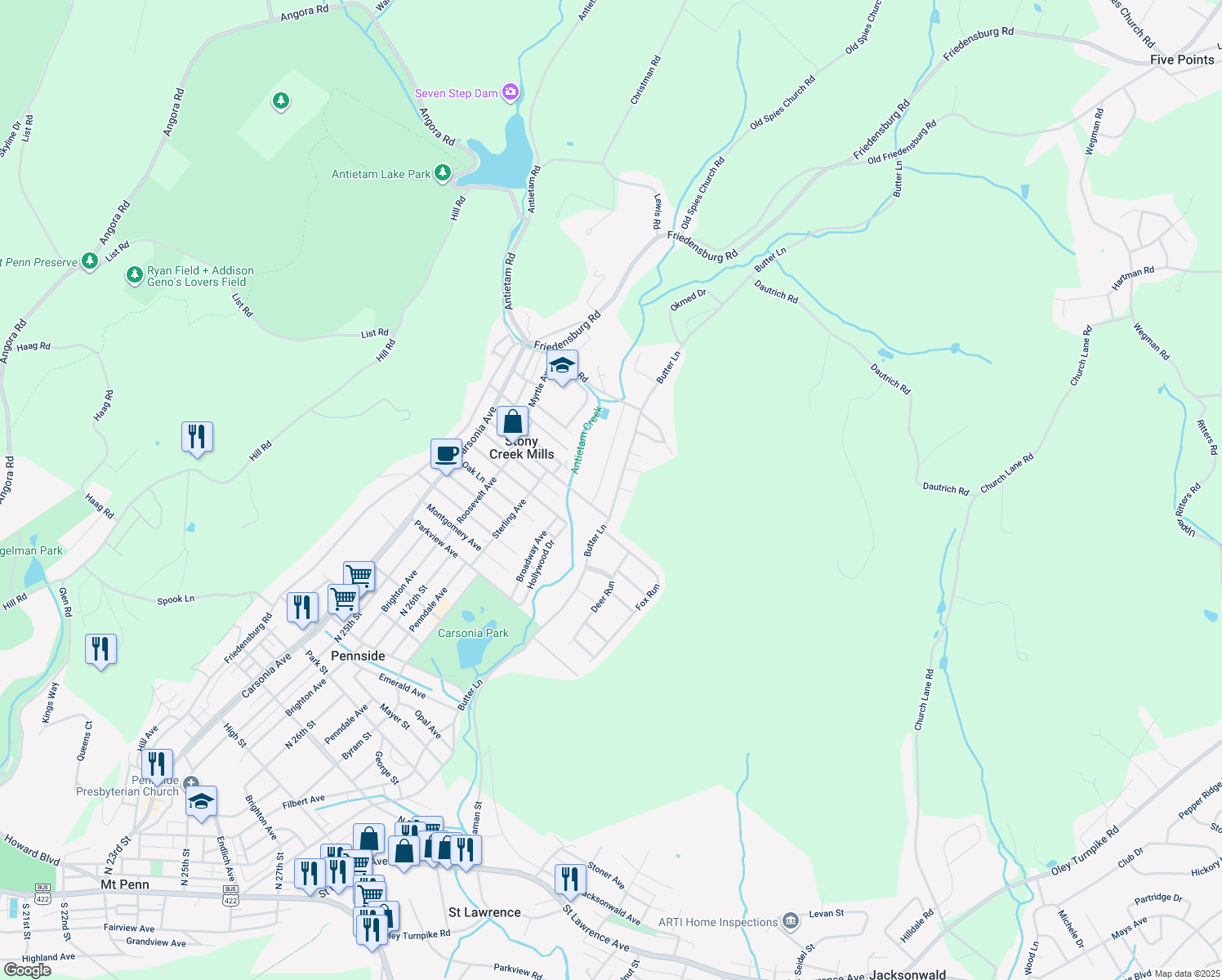 map of restaurants, bars, coffee shops, grocery stores, and more near 1315 Butter Lane in Reading
