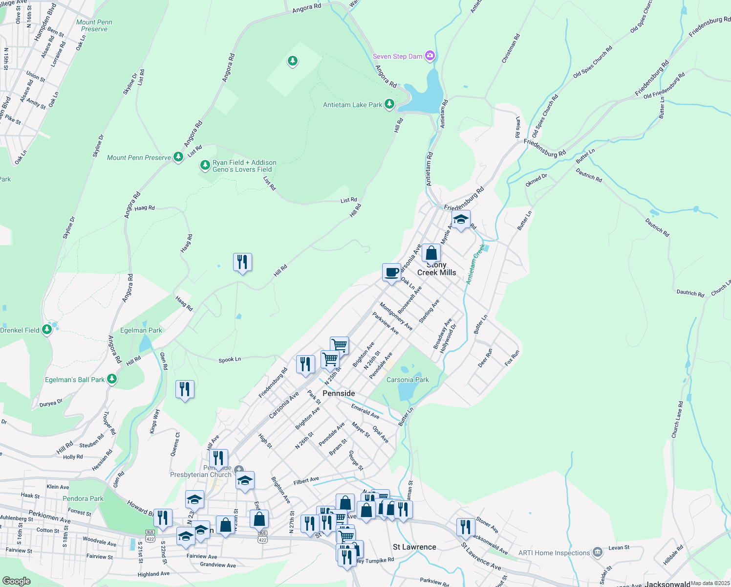 map of restaurants, bars, coffee shops, grocery stores, and more near 1045 Friedensburg Road in Reading