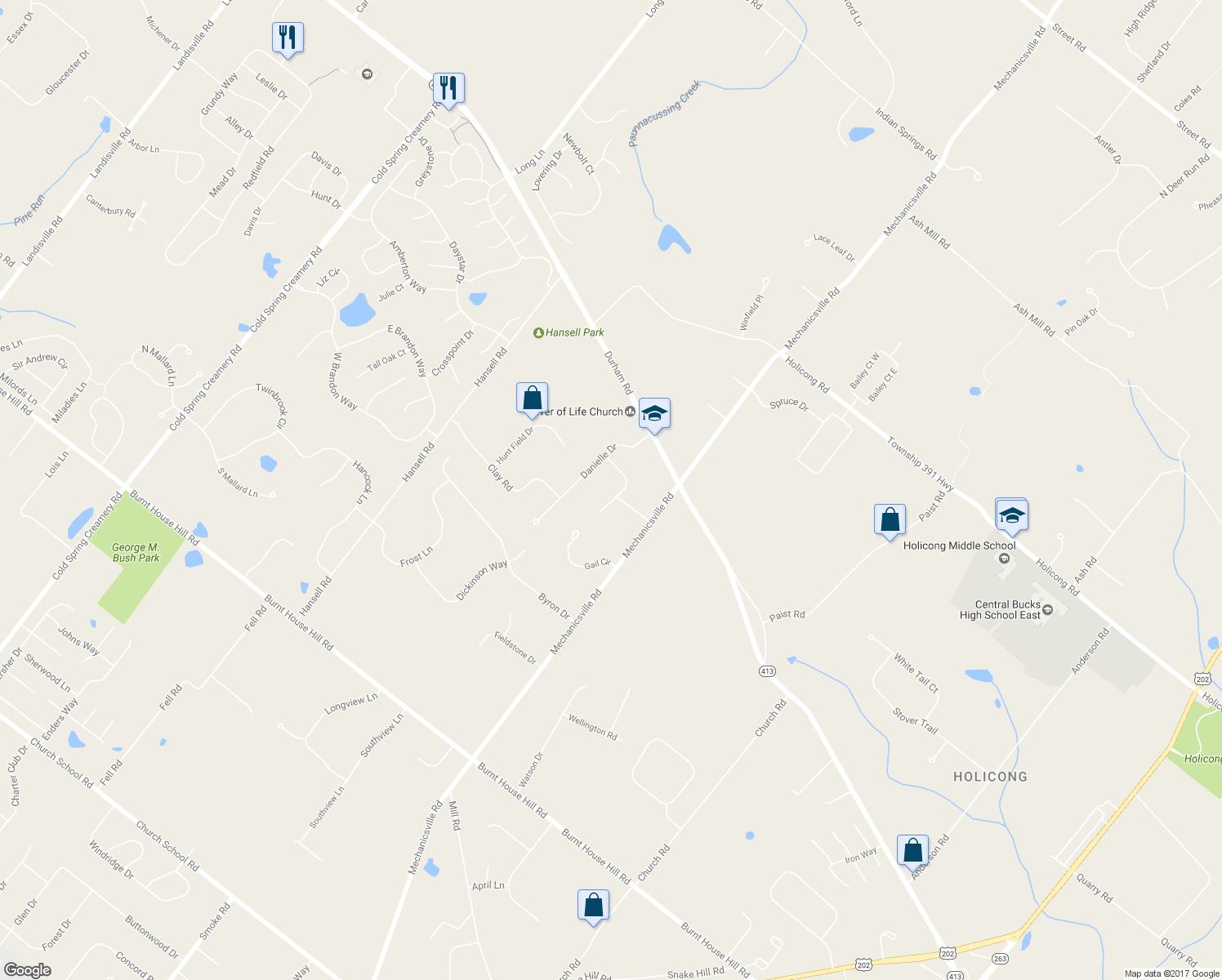 map of restaurants, bars, coffee shops, grocery stores, and more near 4928 Edgewood Road in Doylestown