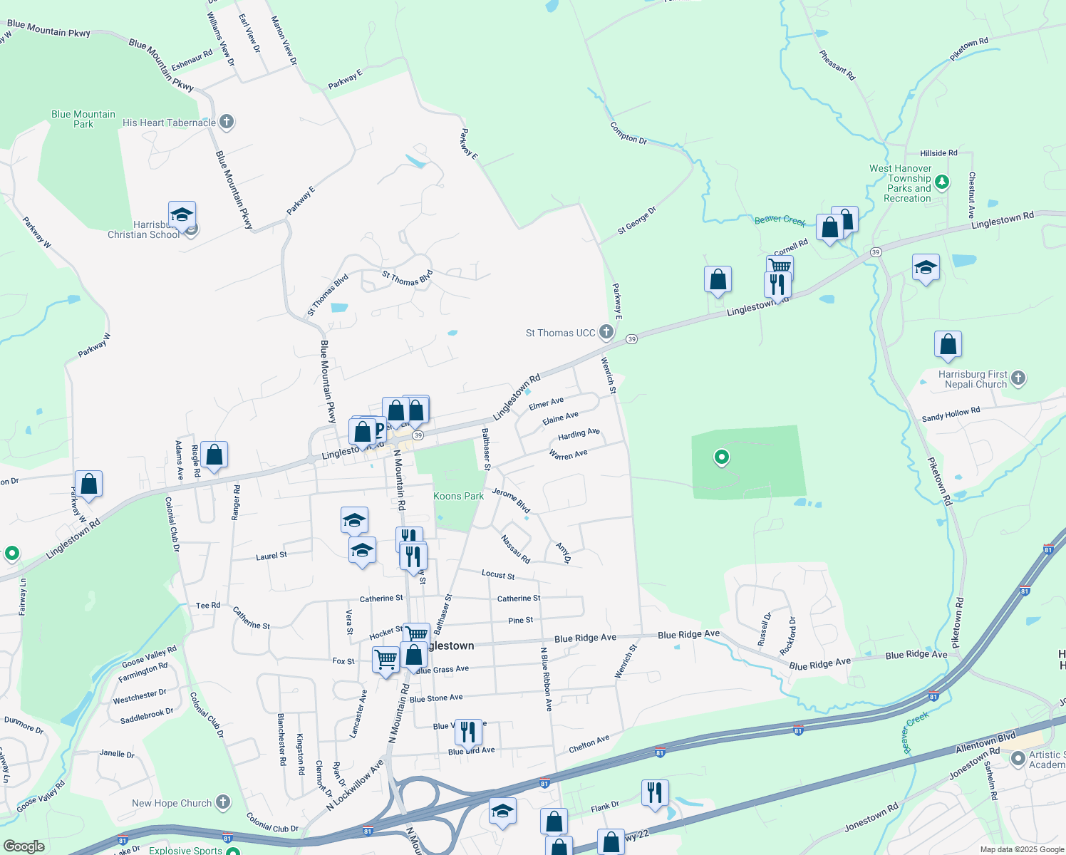 map of restaurants, bars, coffee shops, grocery stores, and more near 6204 Elaine Ave in Harrisburg
