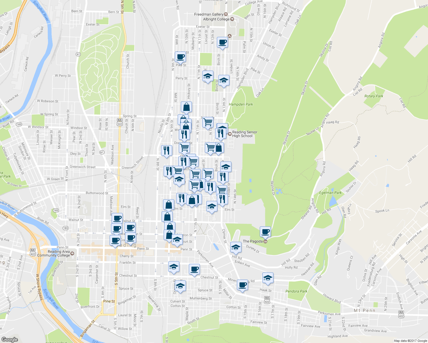 map of restaurants, bars, coffee shops, grocery stores, and more near 1220 East Greenwich Street in Reading