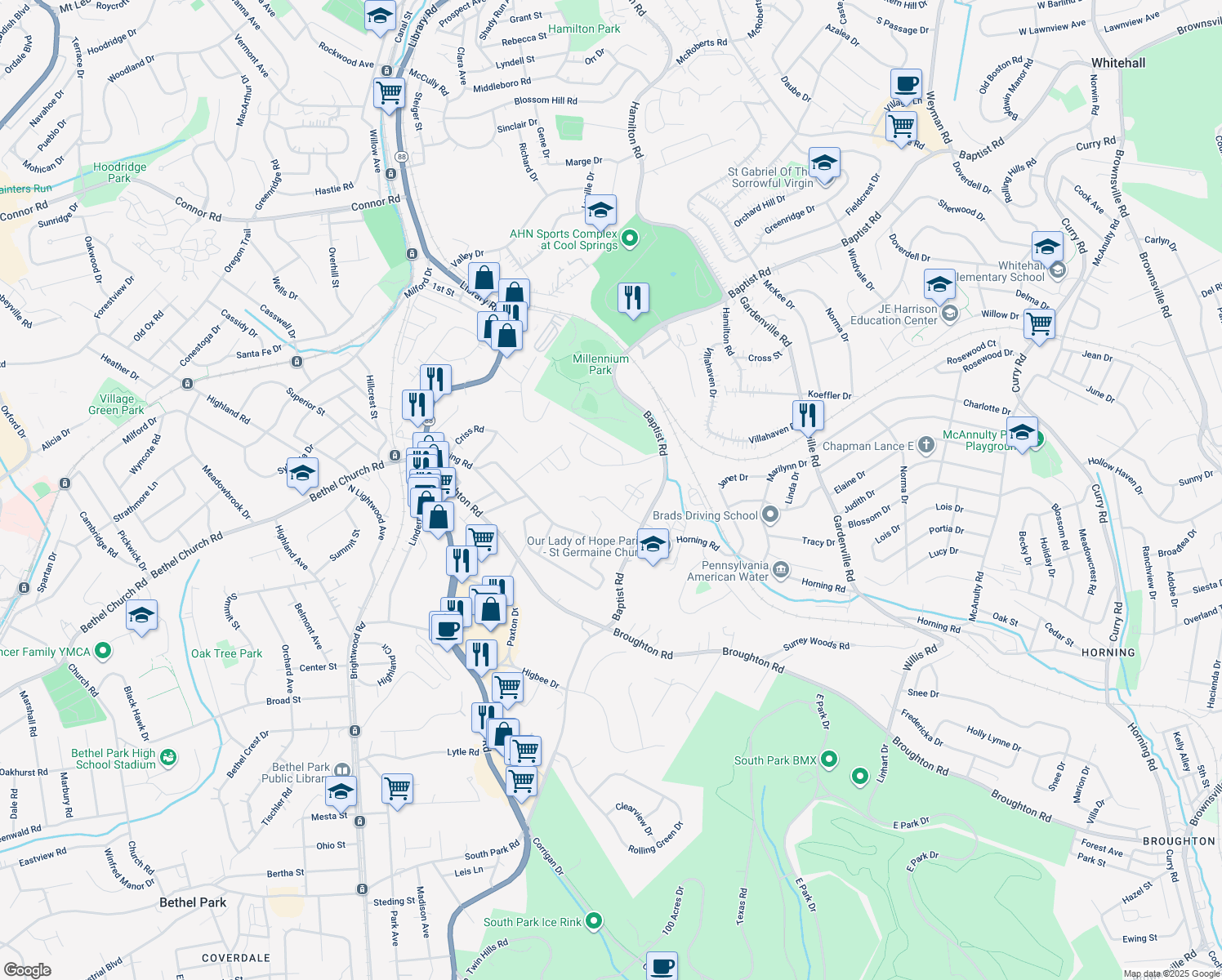 map of restaurants, bars, coffee shops, grocery stores, and more near 6812 Kevin Dr in Bethel Park