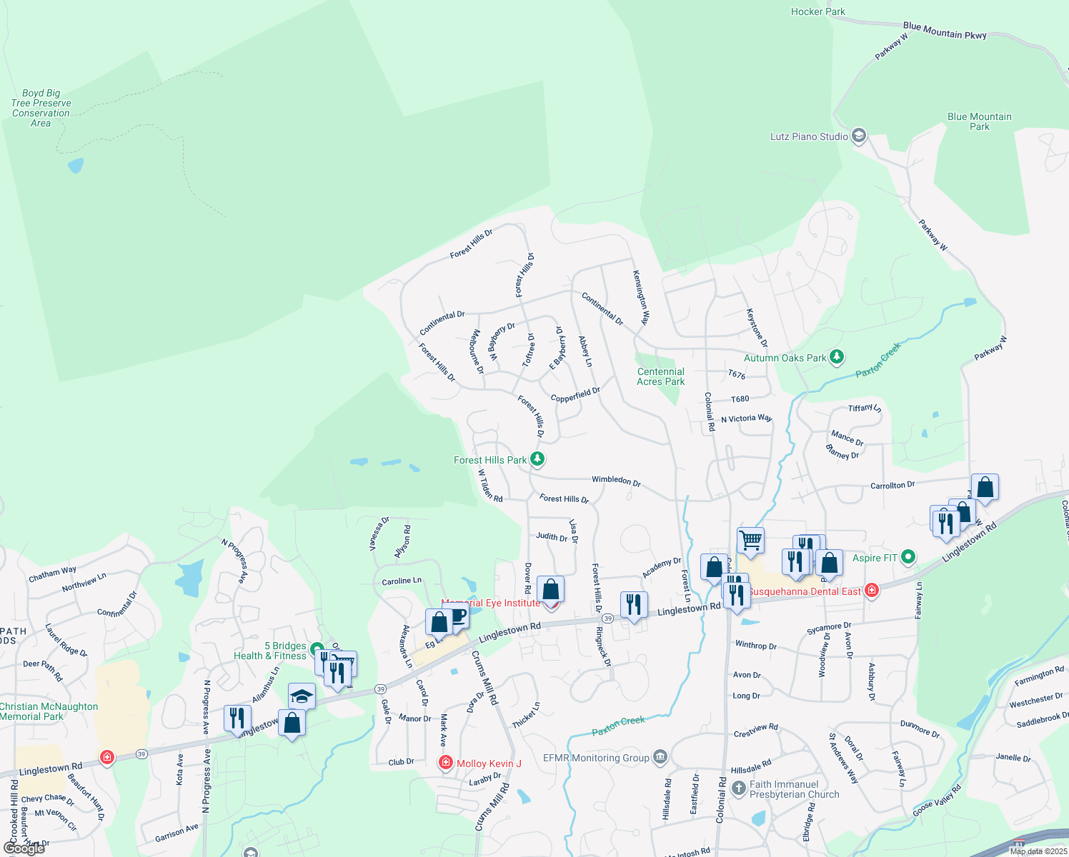 map of restaurants, bars, coffee shops, grocery stores, and more near 2298 Forest Hills Dr in Harrisburg